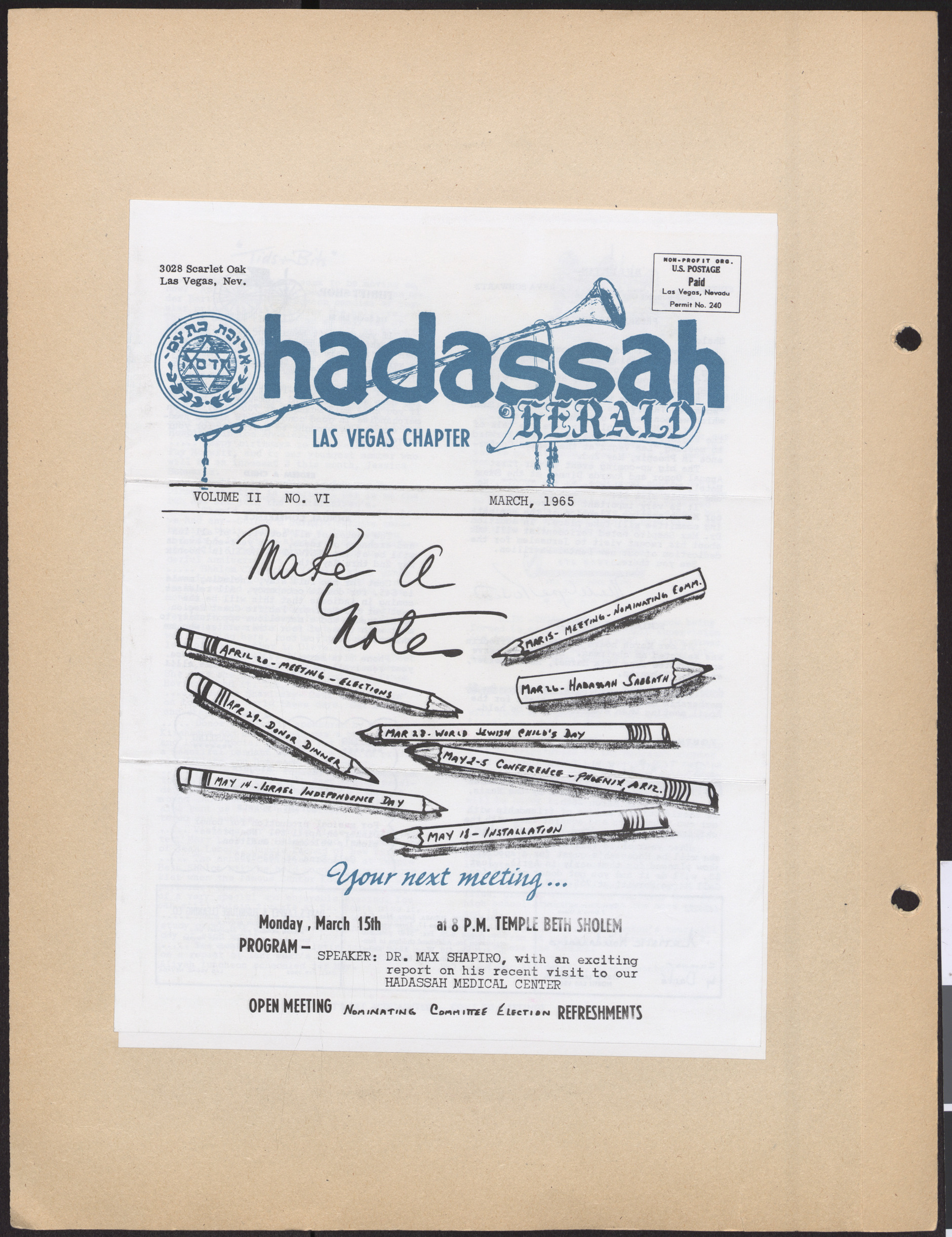 Hadassah Las Vegas Chapter newsletter, March 1965, cover