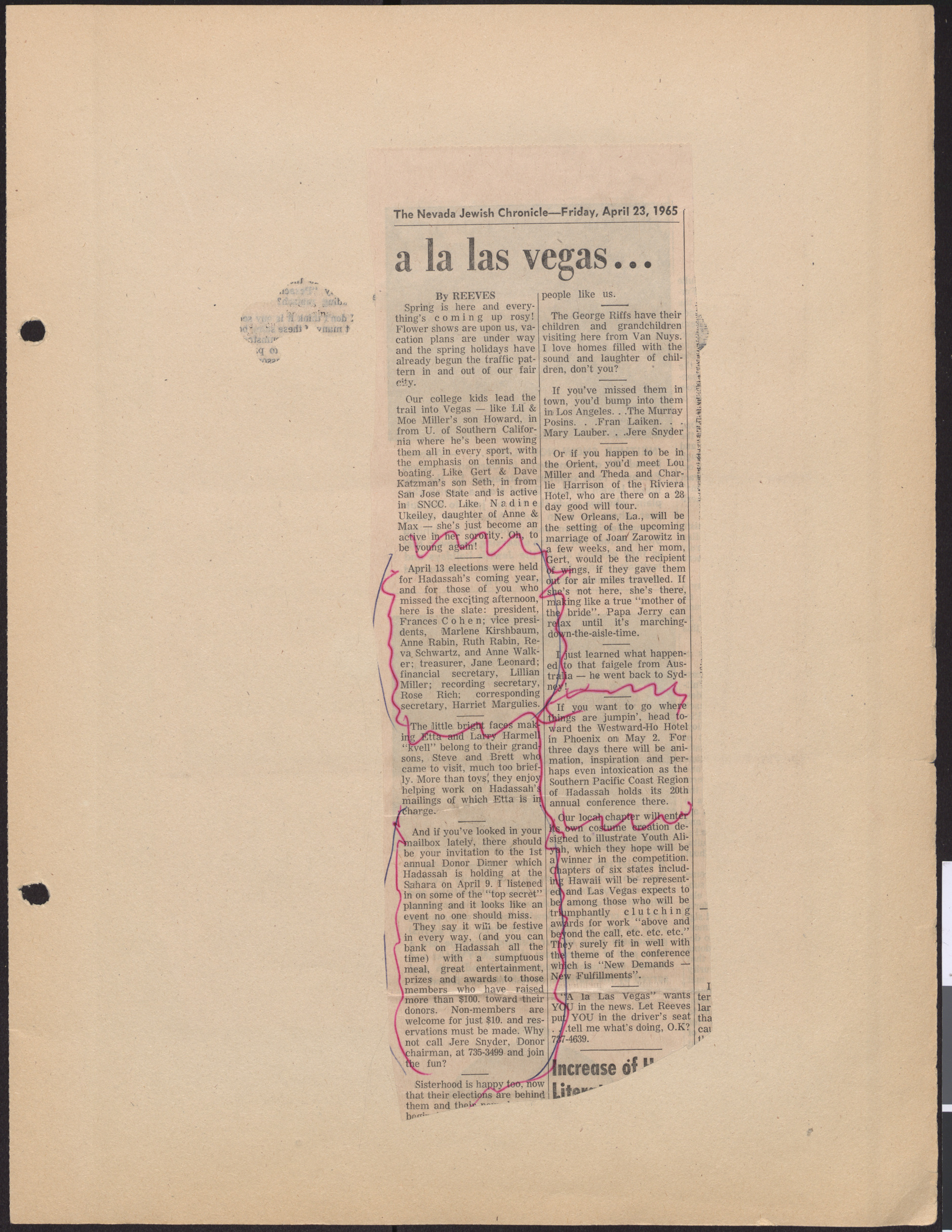 Newspaper clipping, a la las vegas..., The Nevada Jewish Chronicle, April 23, 1965