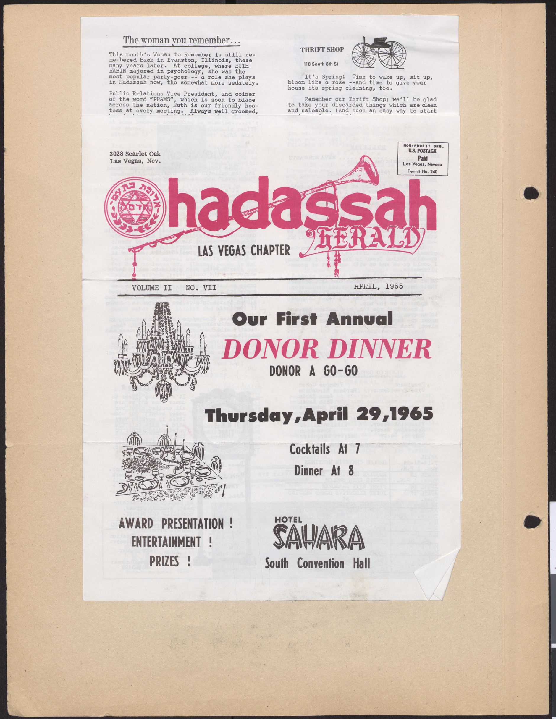 Hadassah Las Vegas Chapter newsletter, April 1965, cover