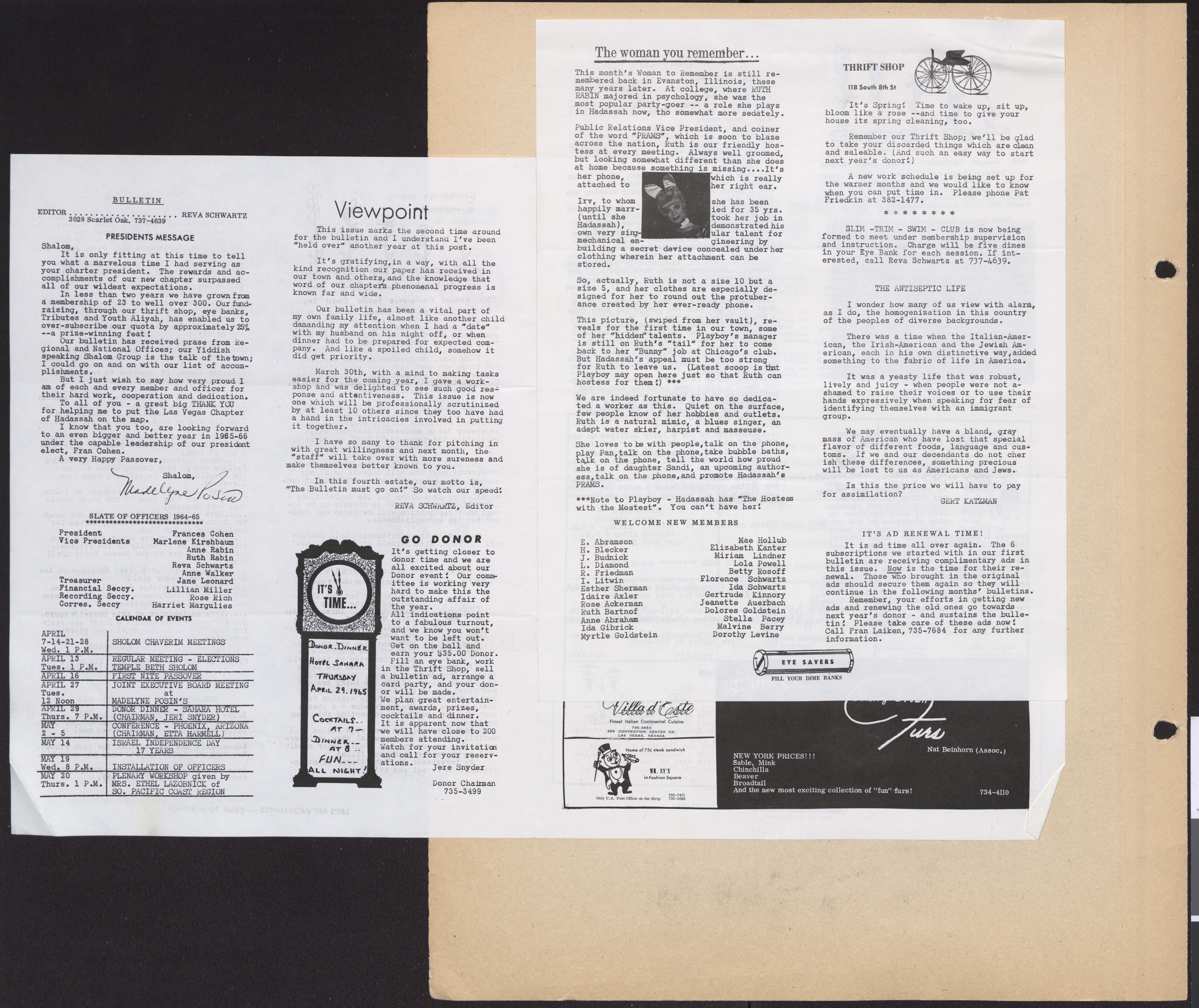Hadassah Las Vegas Chapter newsletter, April 1965, page 2-3