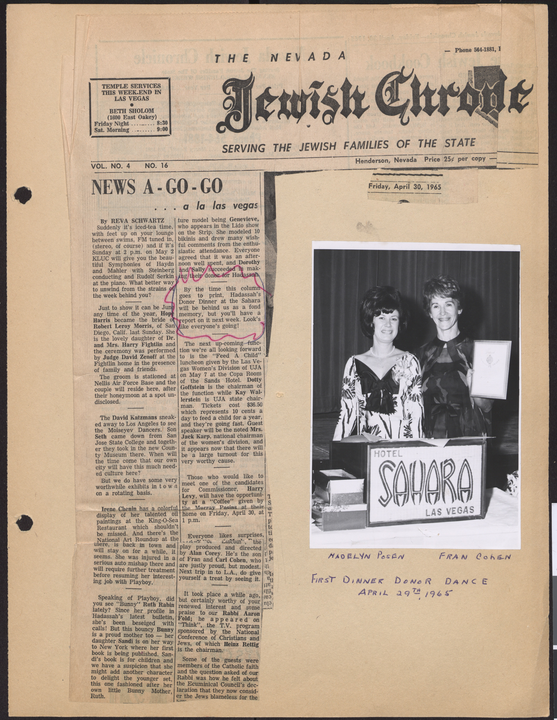 Newspaper clipping, News A-Go-Go, The Nevada Jewish Chronicle, April 30, 1965, and Photograph, Madelyn Posin and Fran Cohen at Dinner Dance, April 29, 1965