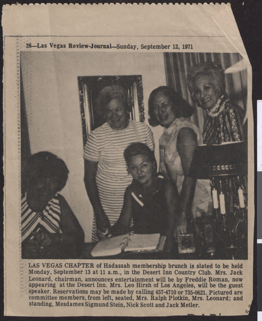 Newspaper clipping, Las Vegas Chapter of Hadassah membership brunch, Las Vegas Review Journal, September 12, 1971