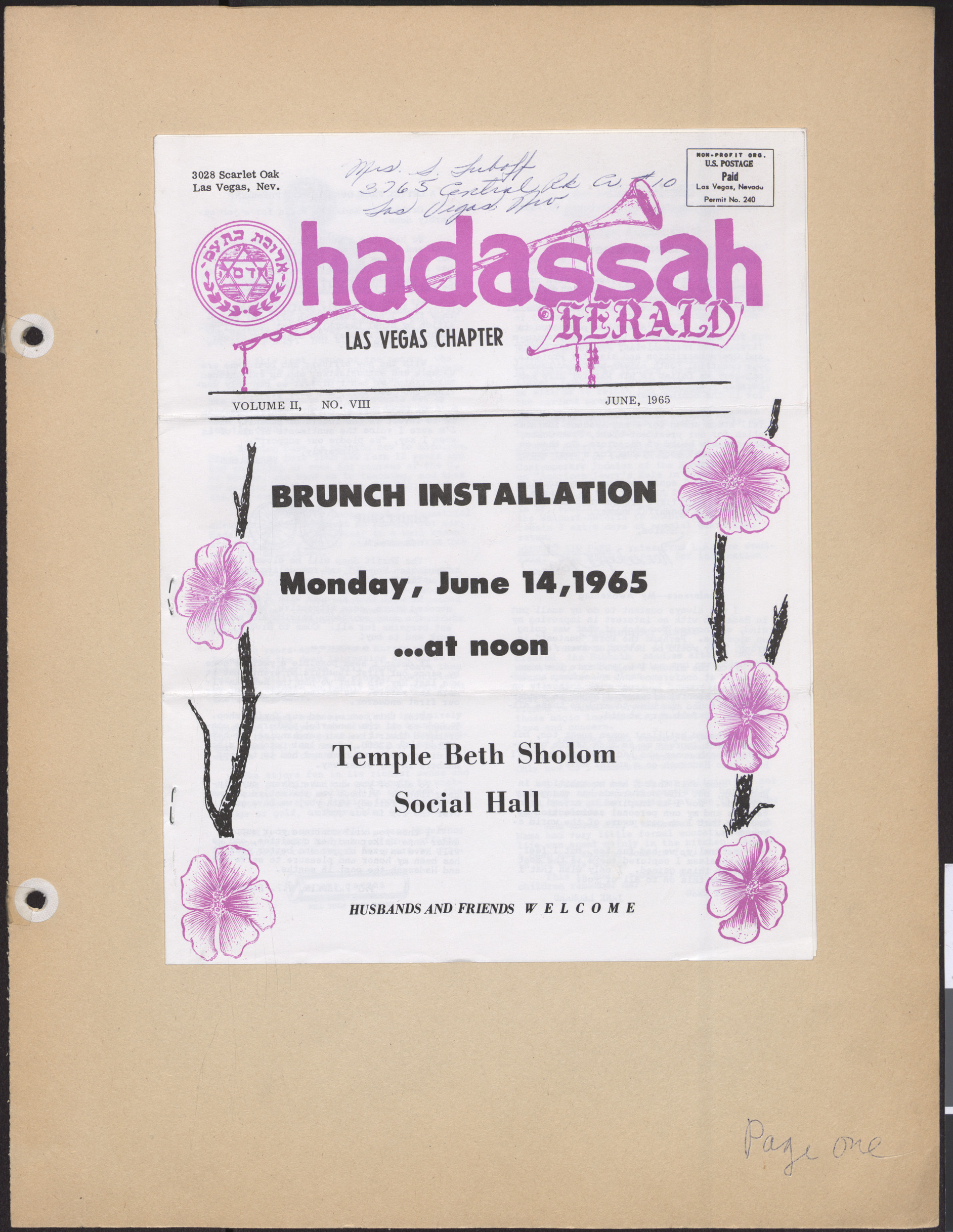 Hadassah Las Vegas Chapter newsletter, June 1965, cover