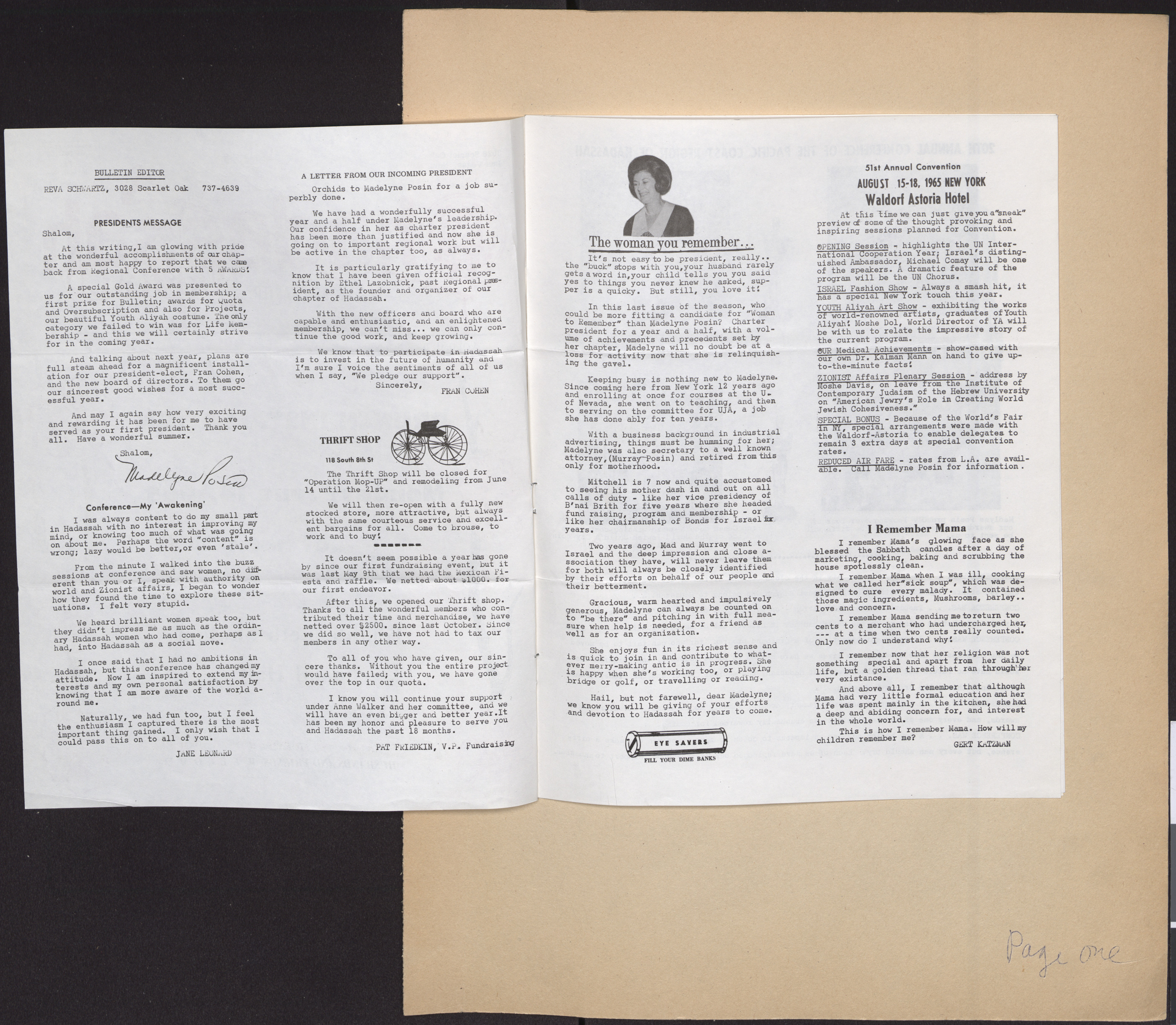 Hadassah Las Vegas Chapter newsletter, June 1965, page 2-3