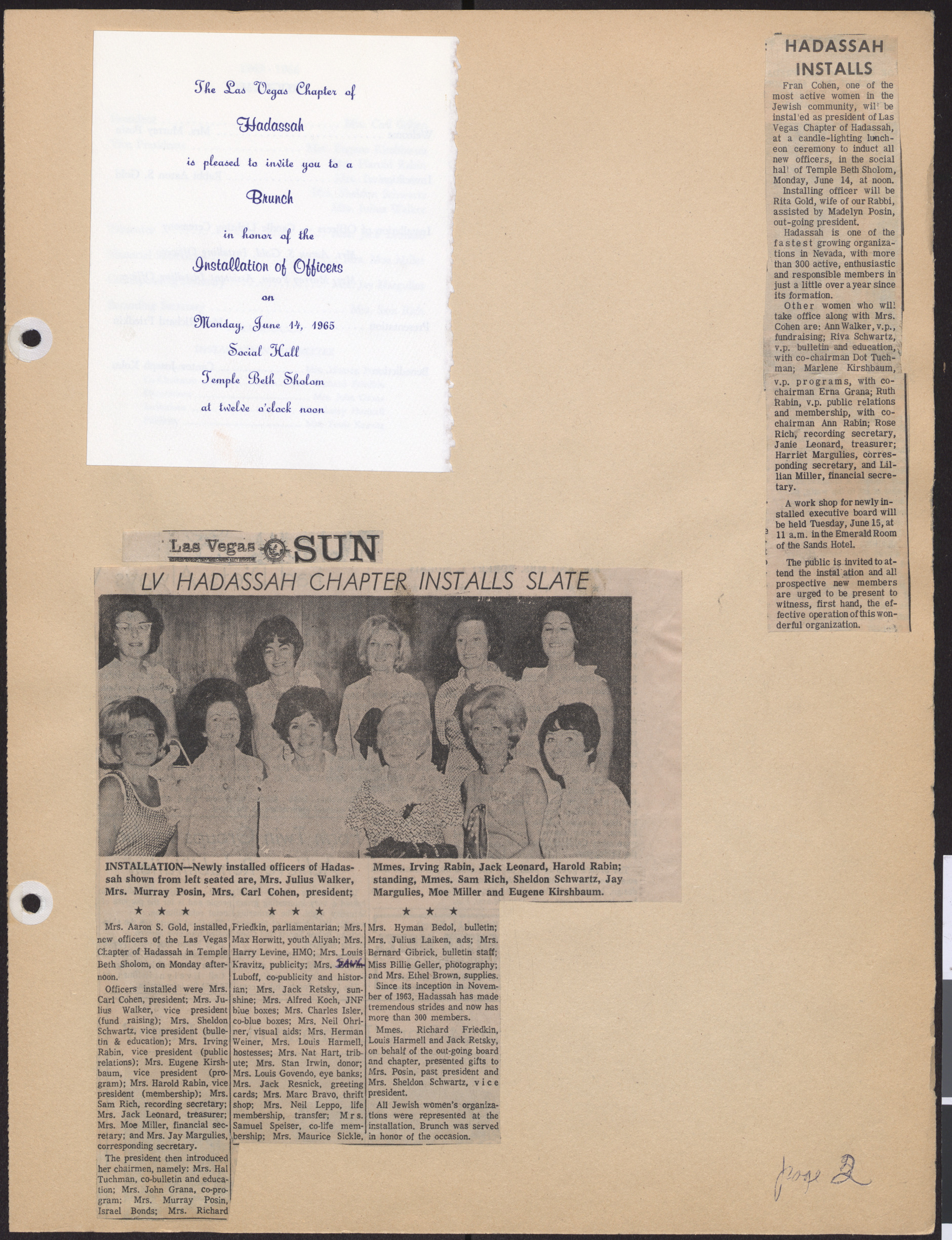 Invitation to Hadassah officers installation brunch, June 14, 1965, and newspaper clippings about the event