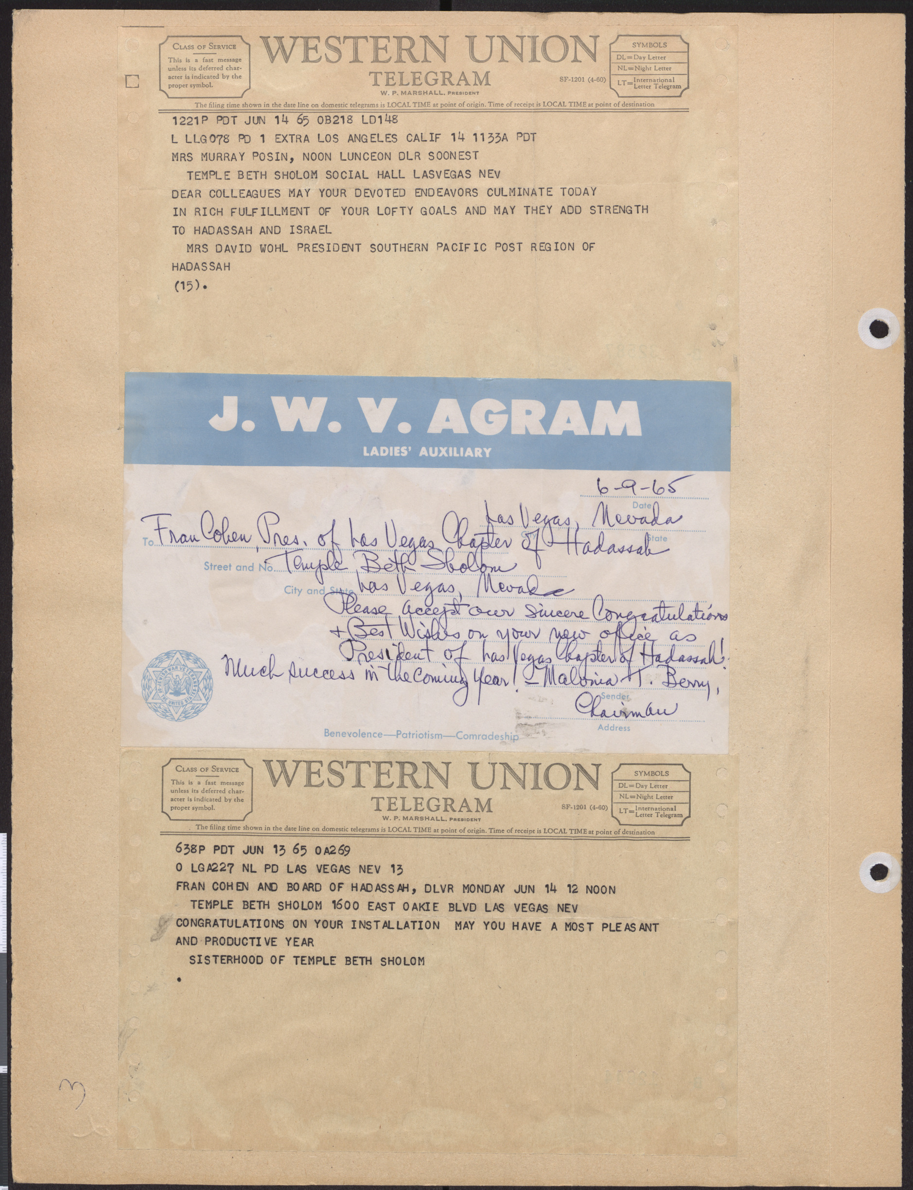 Telegrams congratulating officers of Hadassah on their installation, June 1965