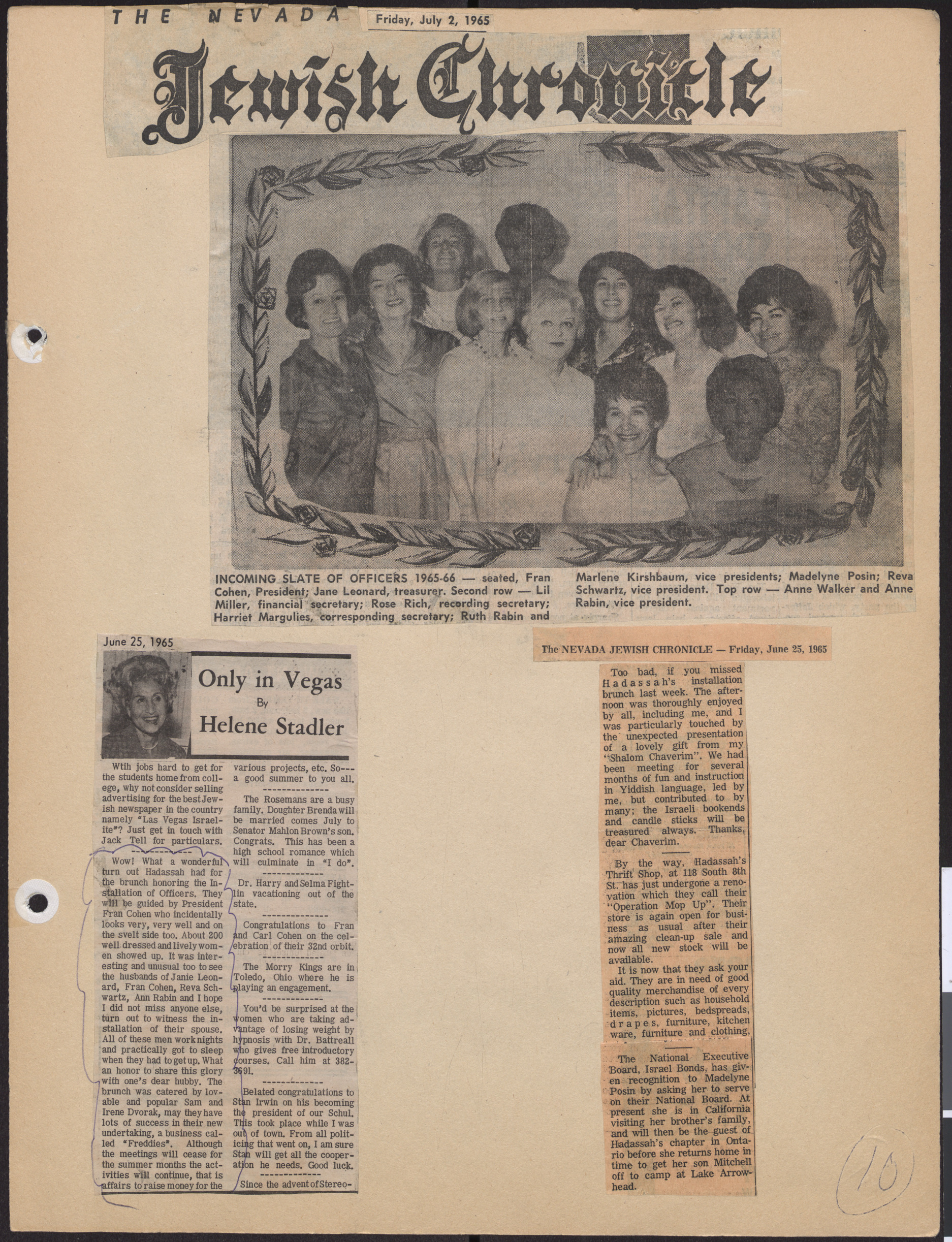 Newspaper clippings about Hadassah officer installation, 1965