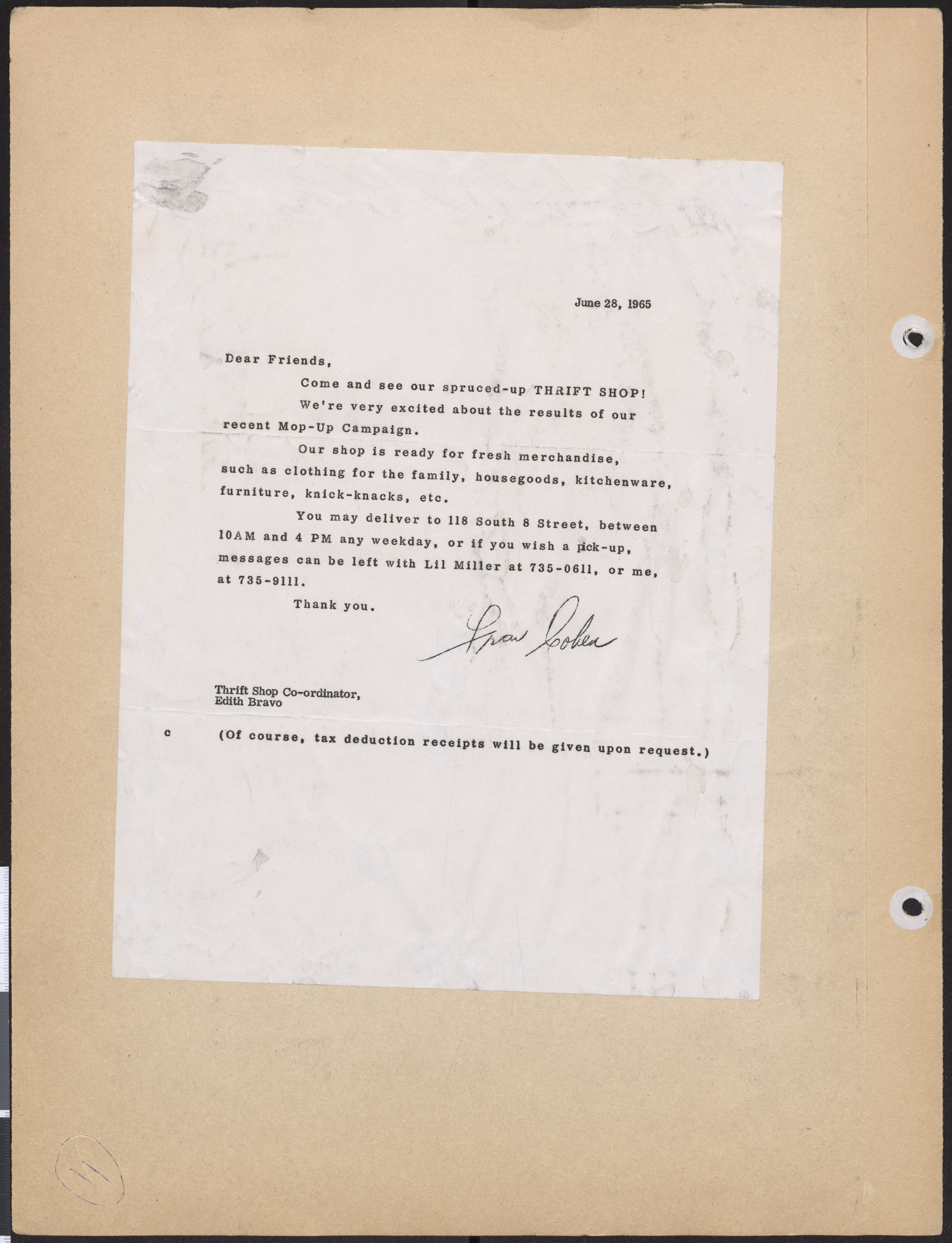 Letter from Fran Cohen to Hadassah friends, June 28, 1965
