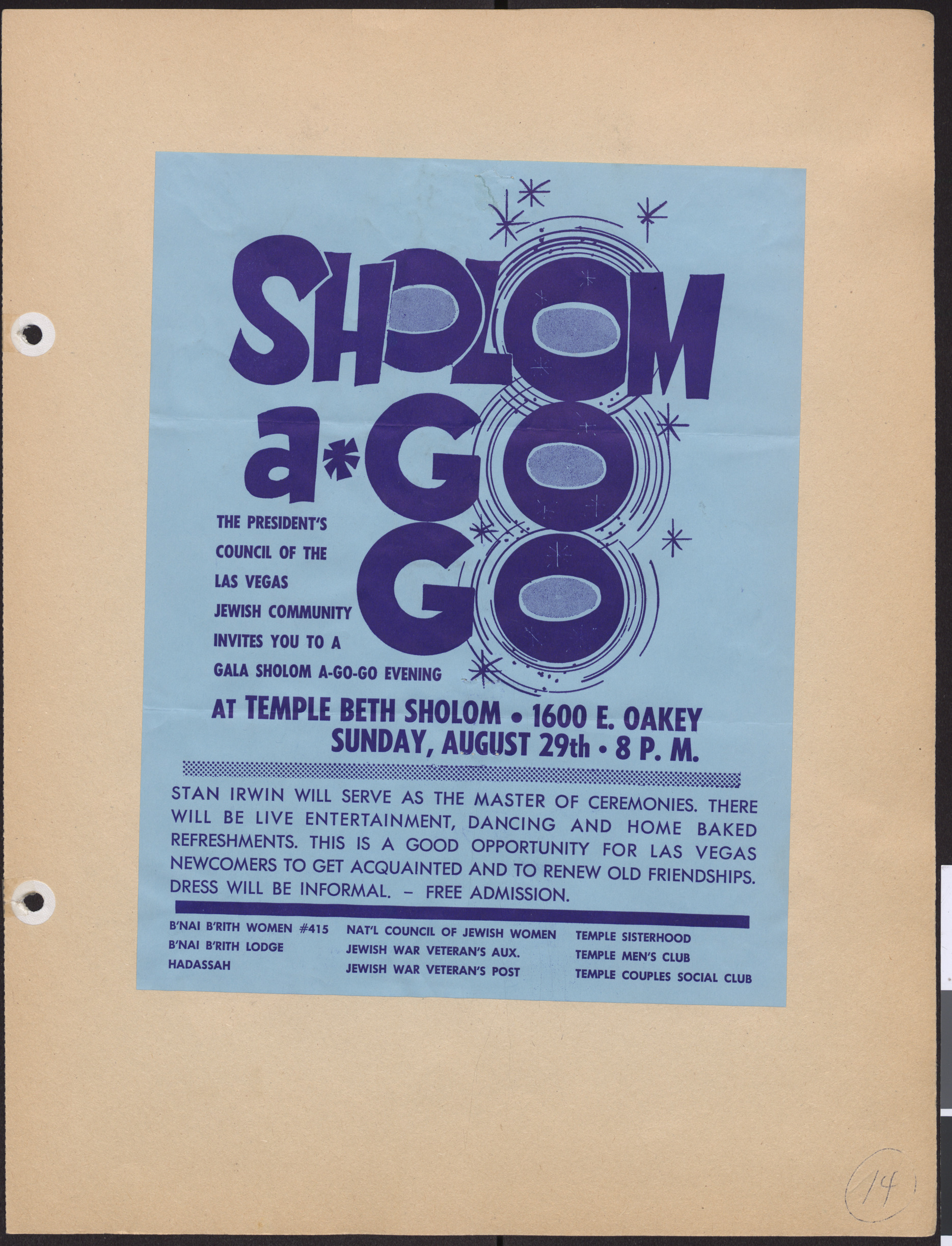 Flyer for Sholom A-Go-Go, August 29