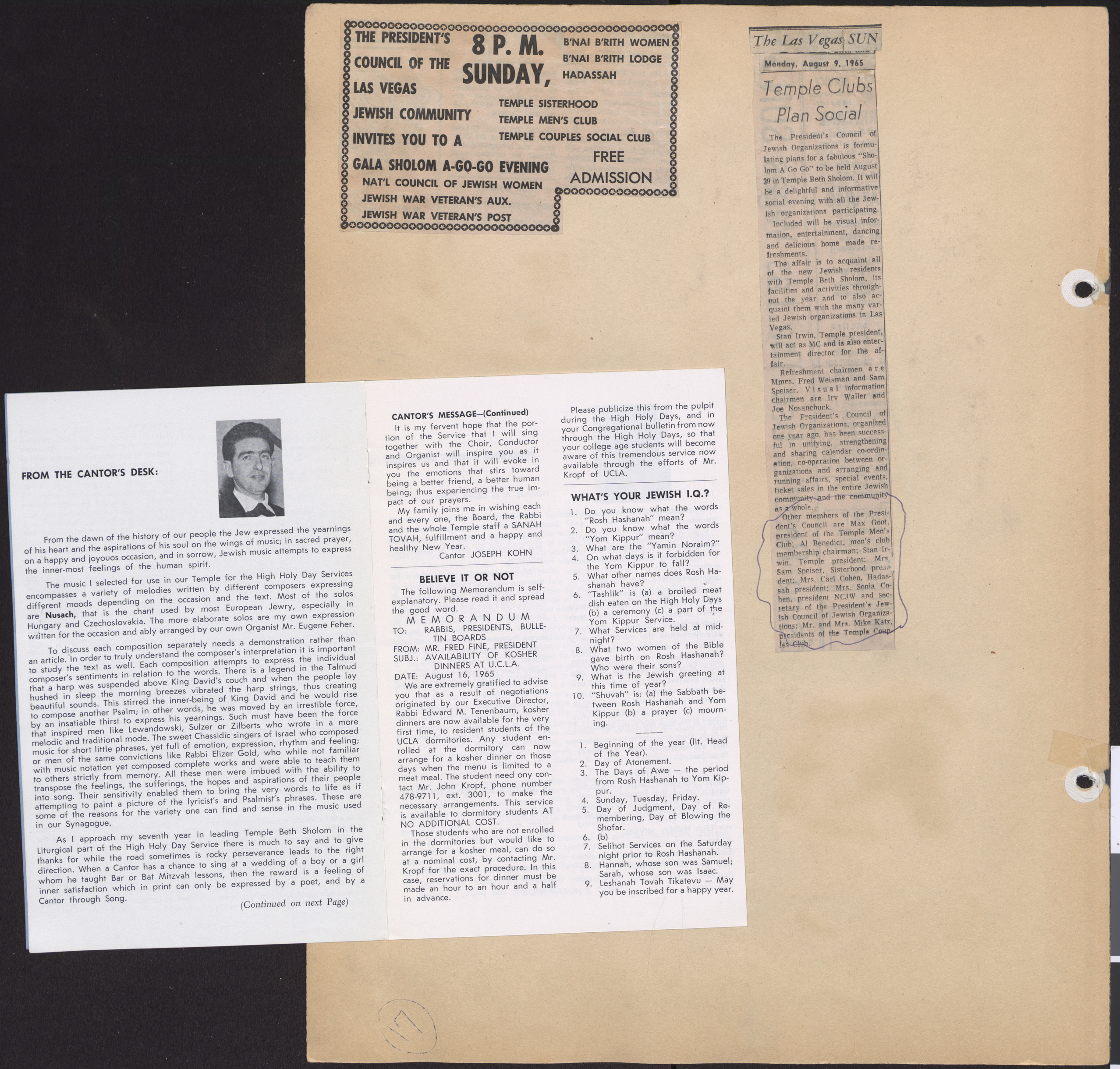 Temple Beth Sholom Bulletin, September 1965, page 2-3