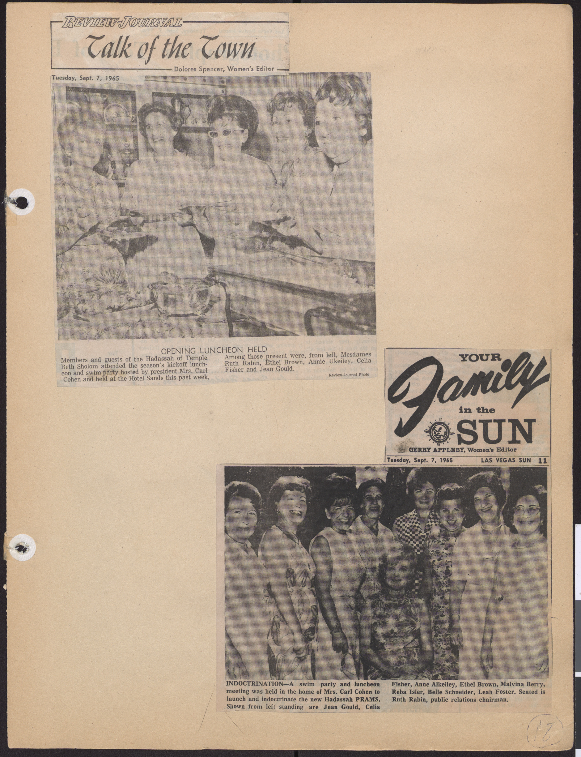 Newspaper clippings, Talk of the Town, Opening Luncheon Held, Las Vegas Review-Journal, September 7, 1965, and Indoctrination, Las Vegas Sun, September 7, 1965
