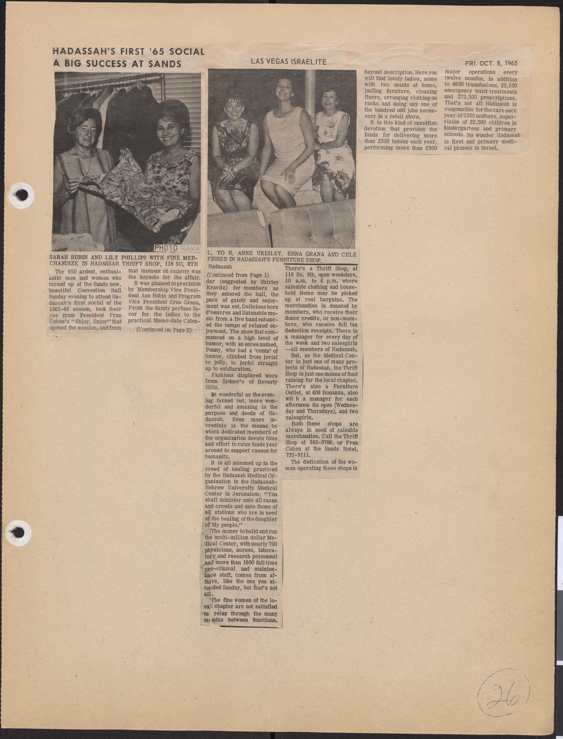 Newspaper clipping, Hadassah's first '65 social a big success at Sands, Las Vegas Israelite, October 8, 1965