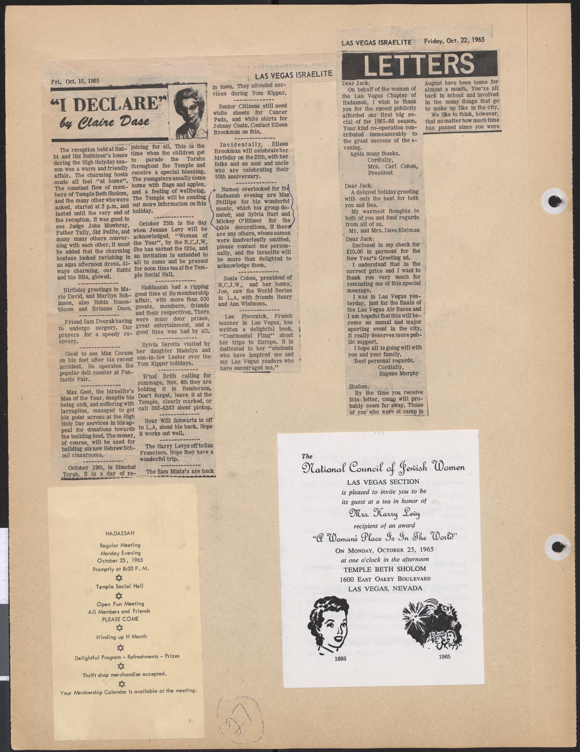 Newspaper clippings about Hadassah meetings and letter to the editor, October 1965, and event invitations