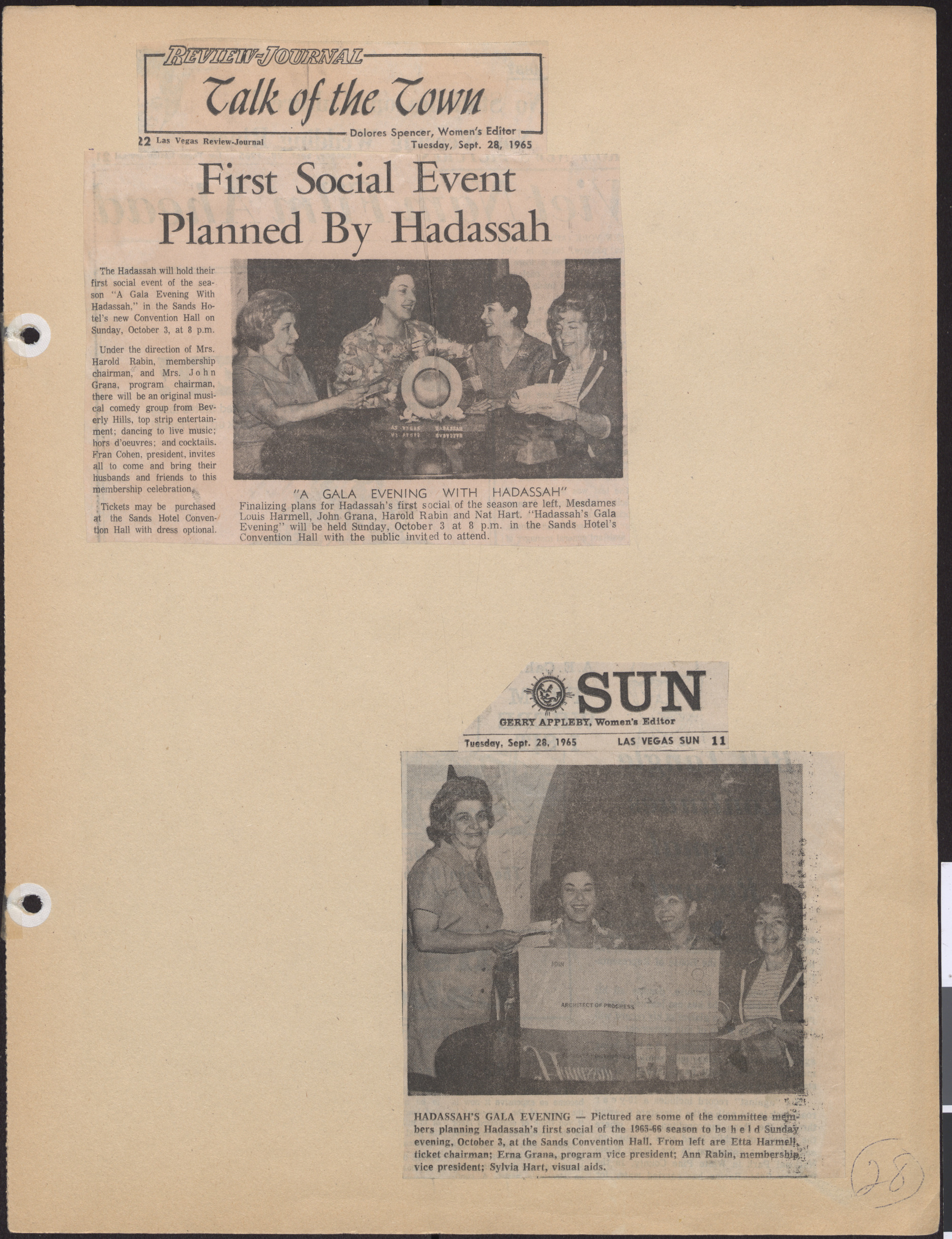 Newspaper clippings, First Social Event Planned by Hadassah, Las Vegas Review-Journal, September 28, 1965, and Hadassah's Gala Evening, Las Vegas Sun, September 28, 1965