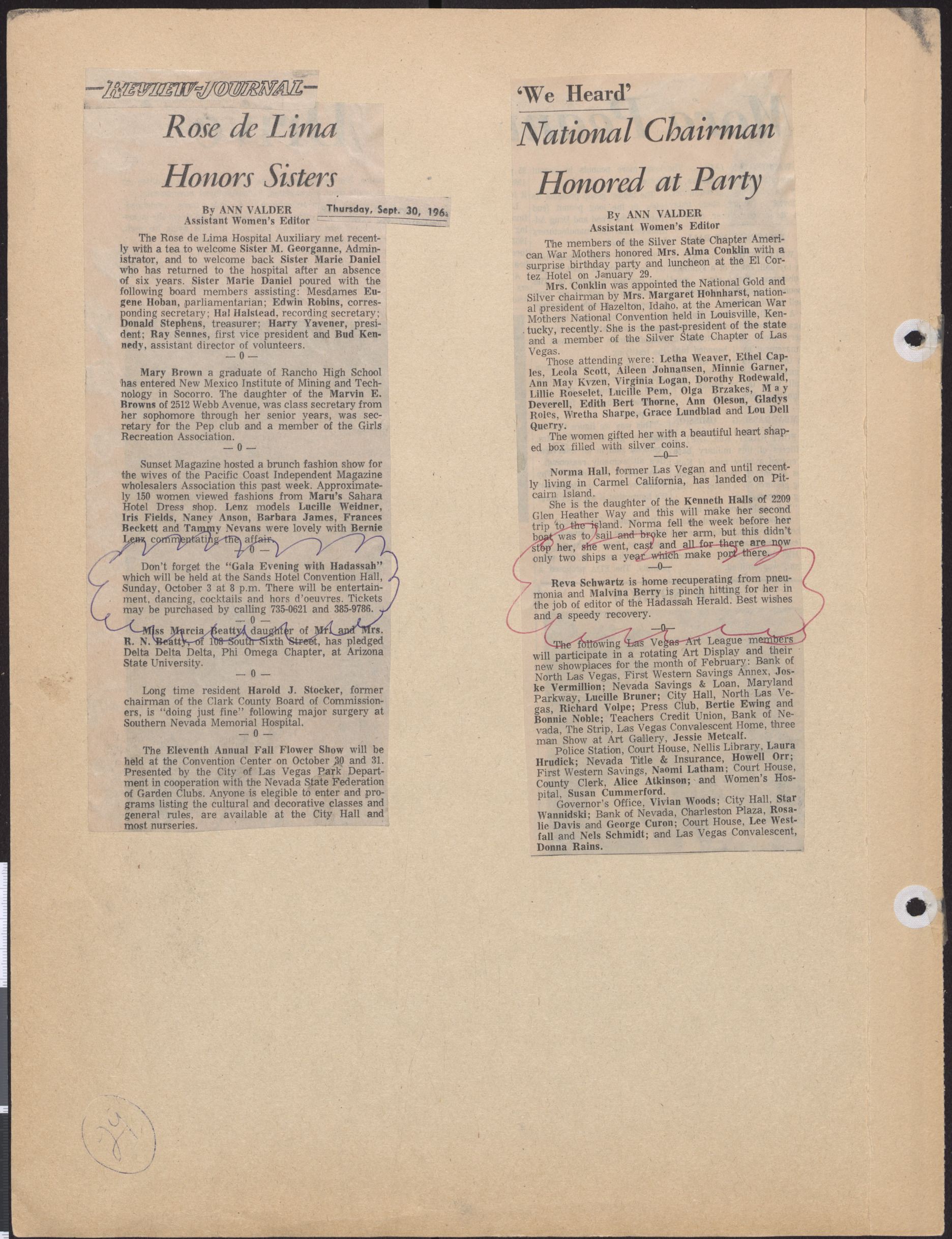 Newspaper clippings, Gala evening announcement, Las Vegas Review-Journal, September 30, 1965, and We Heard column, publication and date unknown