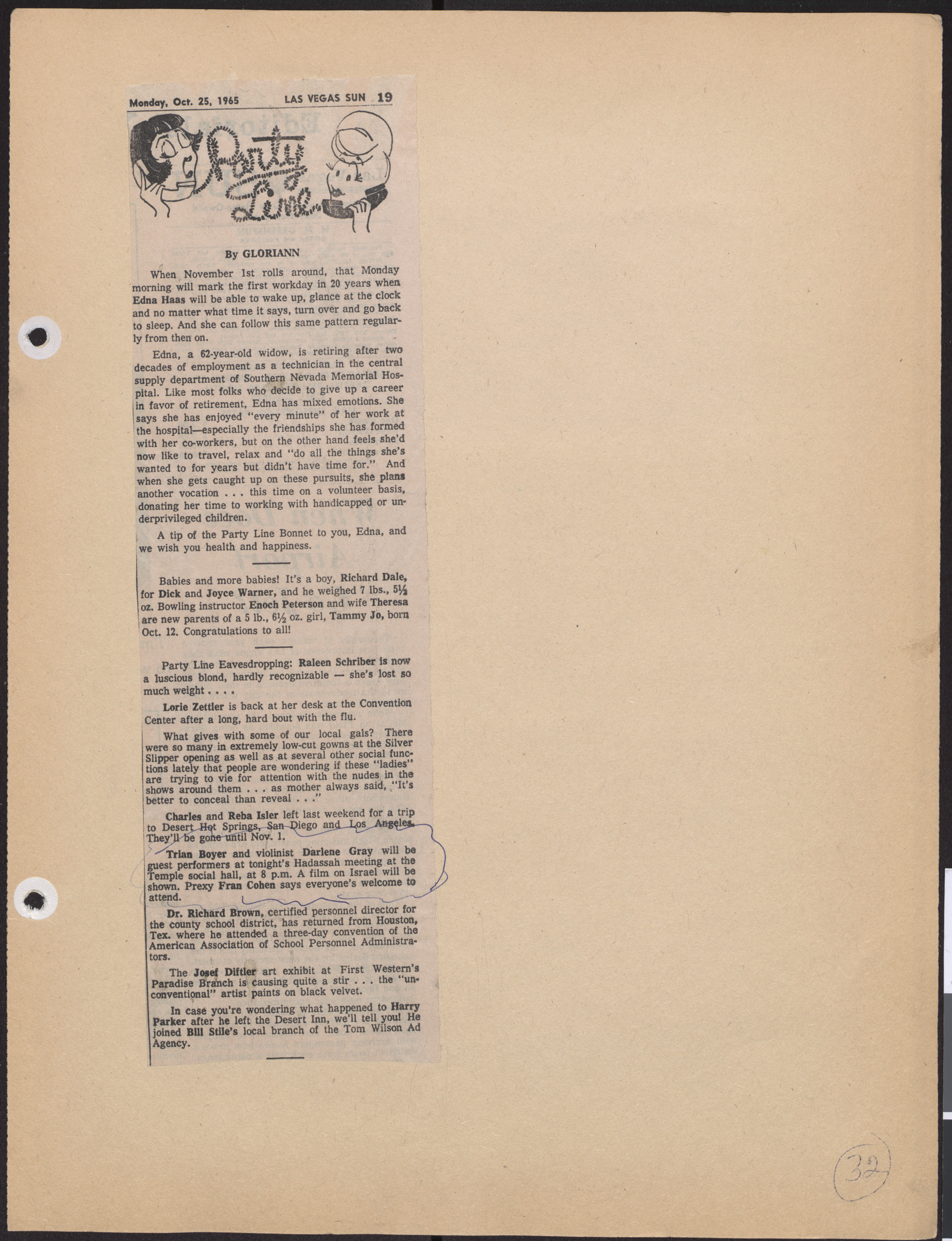 Newspaper clipping, Party Line, Hadassah meeting, Las Vegas Sun, October 25, 1965
