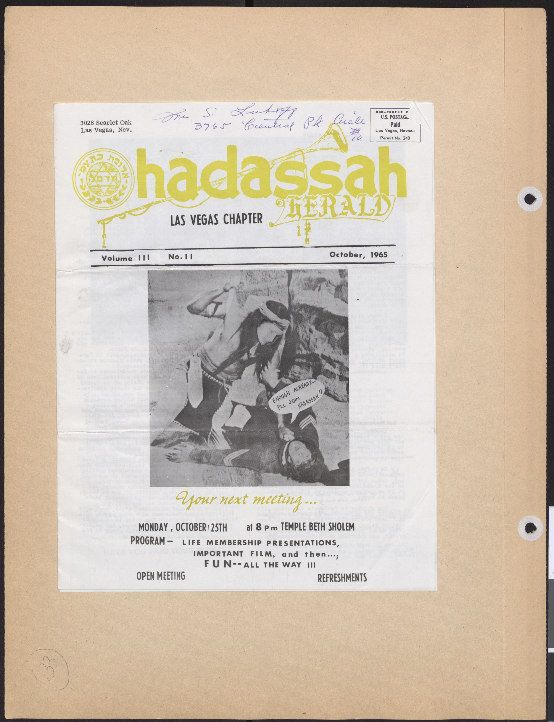 Hadassah Las Vegas Chapter newsletter, October 1965, cover