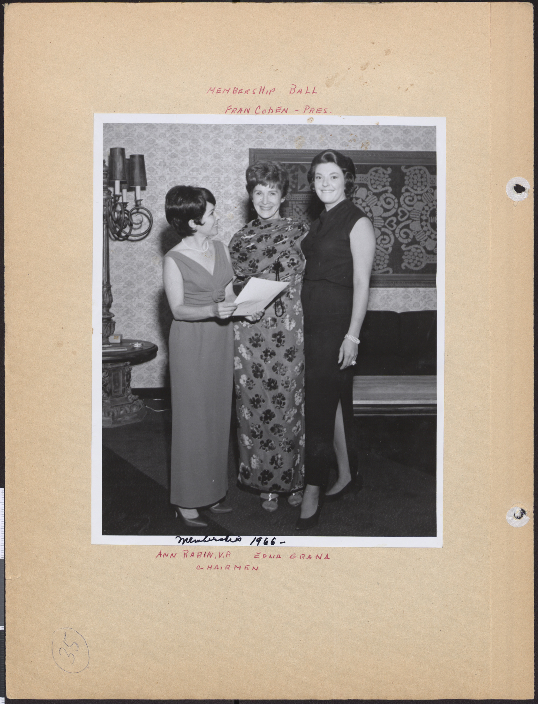 Photograph of Hadassah membership ball with Ann Rabin, Fran Cohen, and Edna Grana