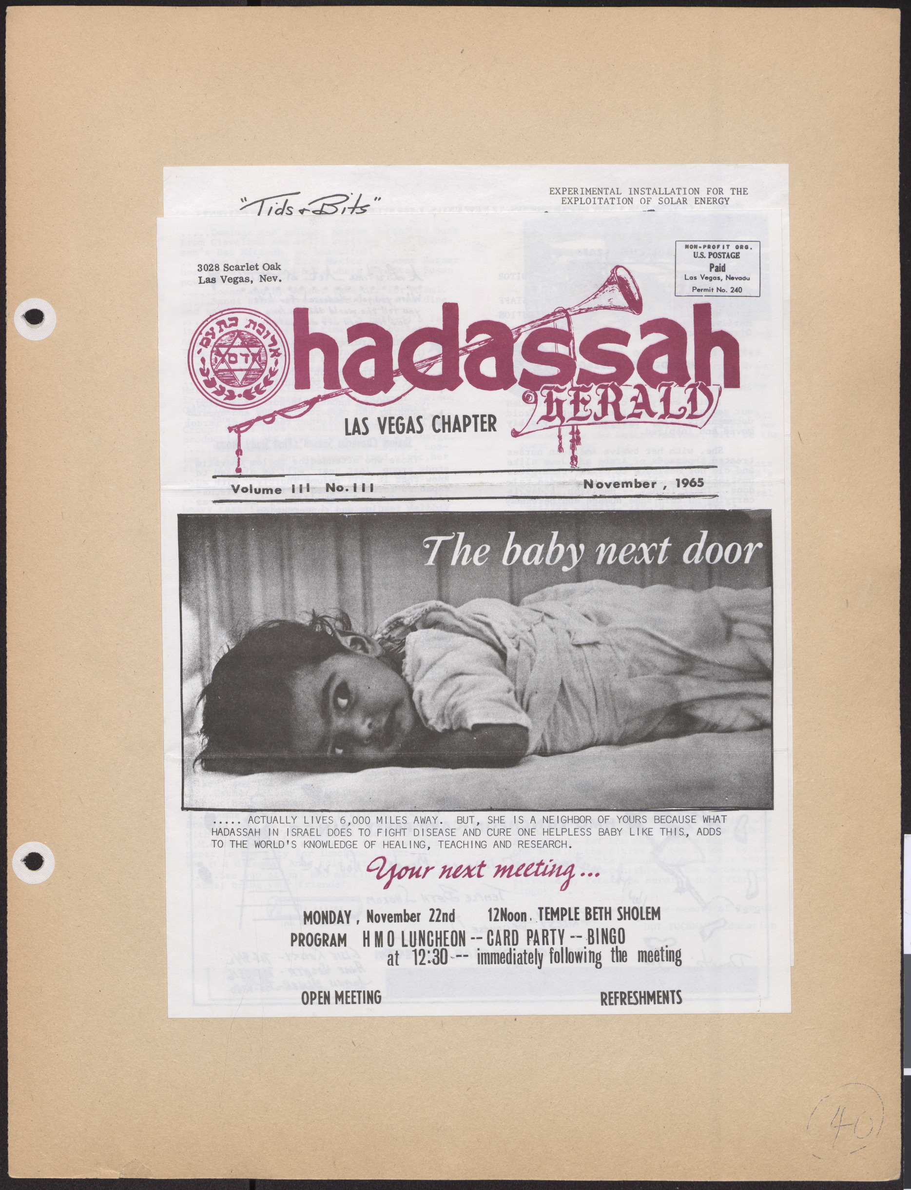 Hadassah Las Vegas Chapter newsletter, November 1965, cover