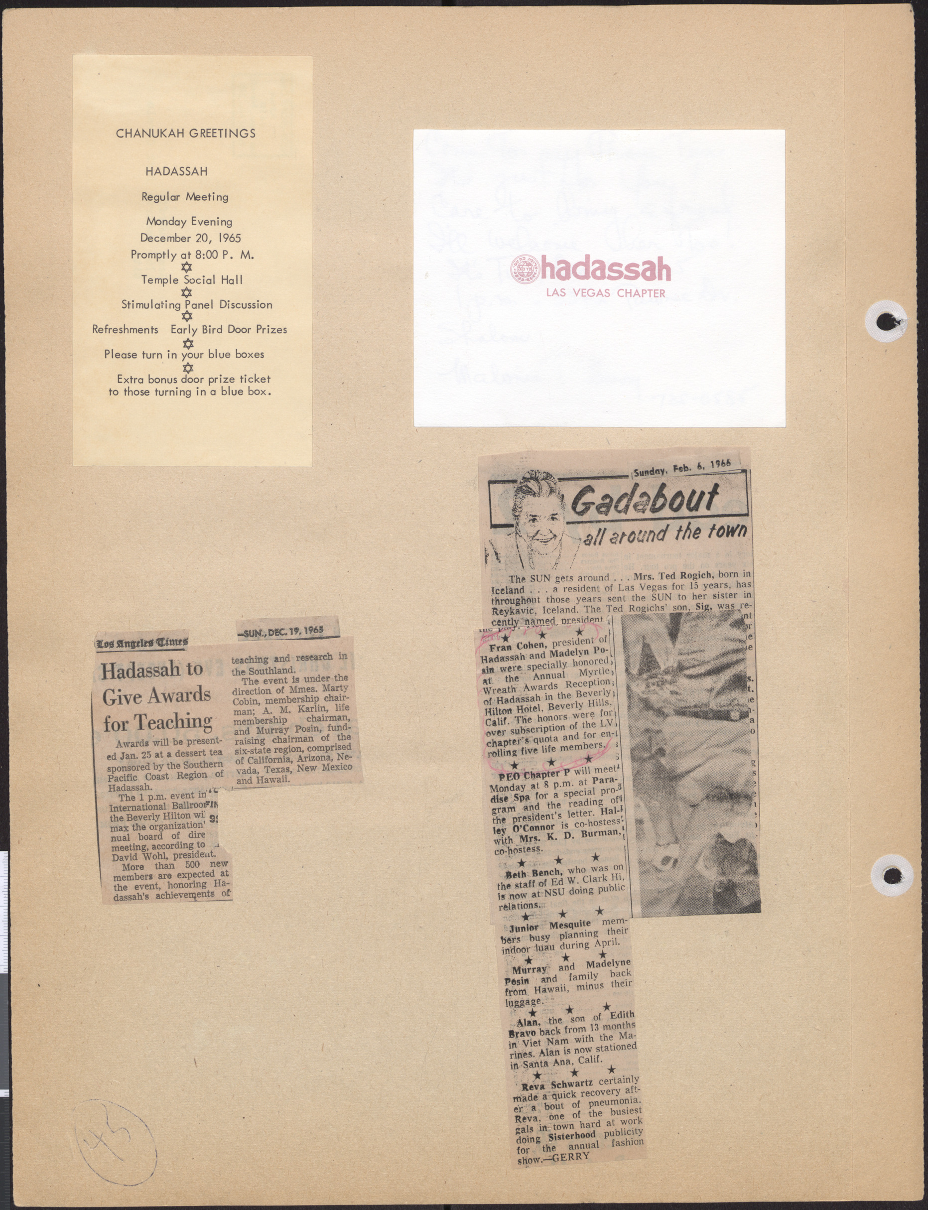 Hadassah meeting announcement, December 20, 1965, and Hadassah note card, and newspaper clippings about Hadassah awards and honors, 1965