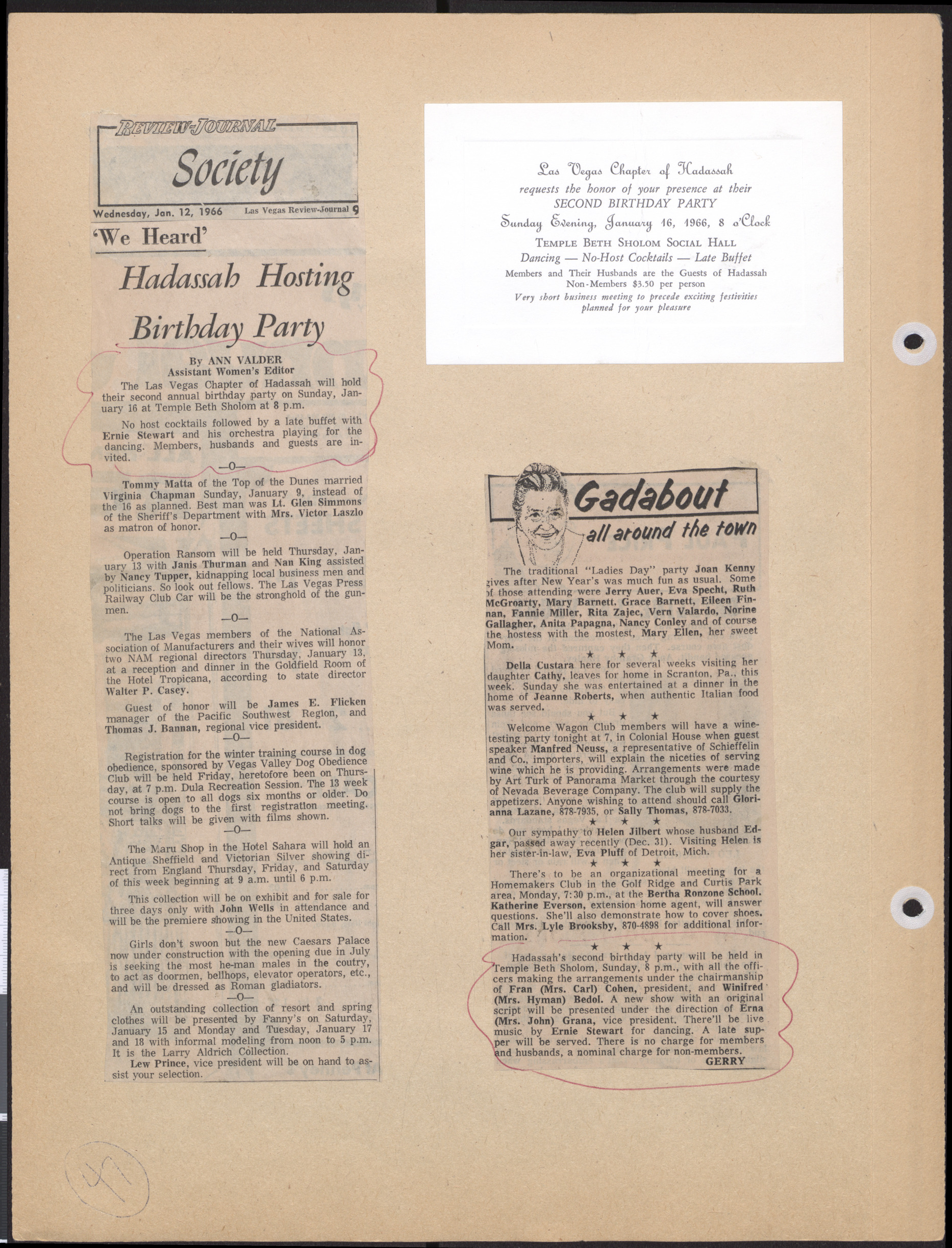 Newspaper clippings and invitation to Hadassah birthday party, January 1966
