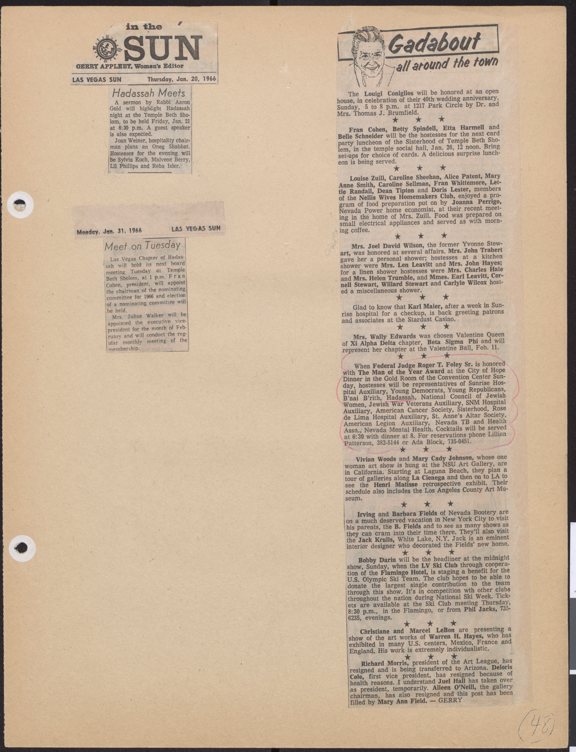 Newspaper clippings about Hadassah meetings and events, January 1966