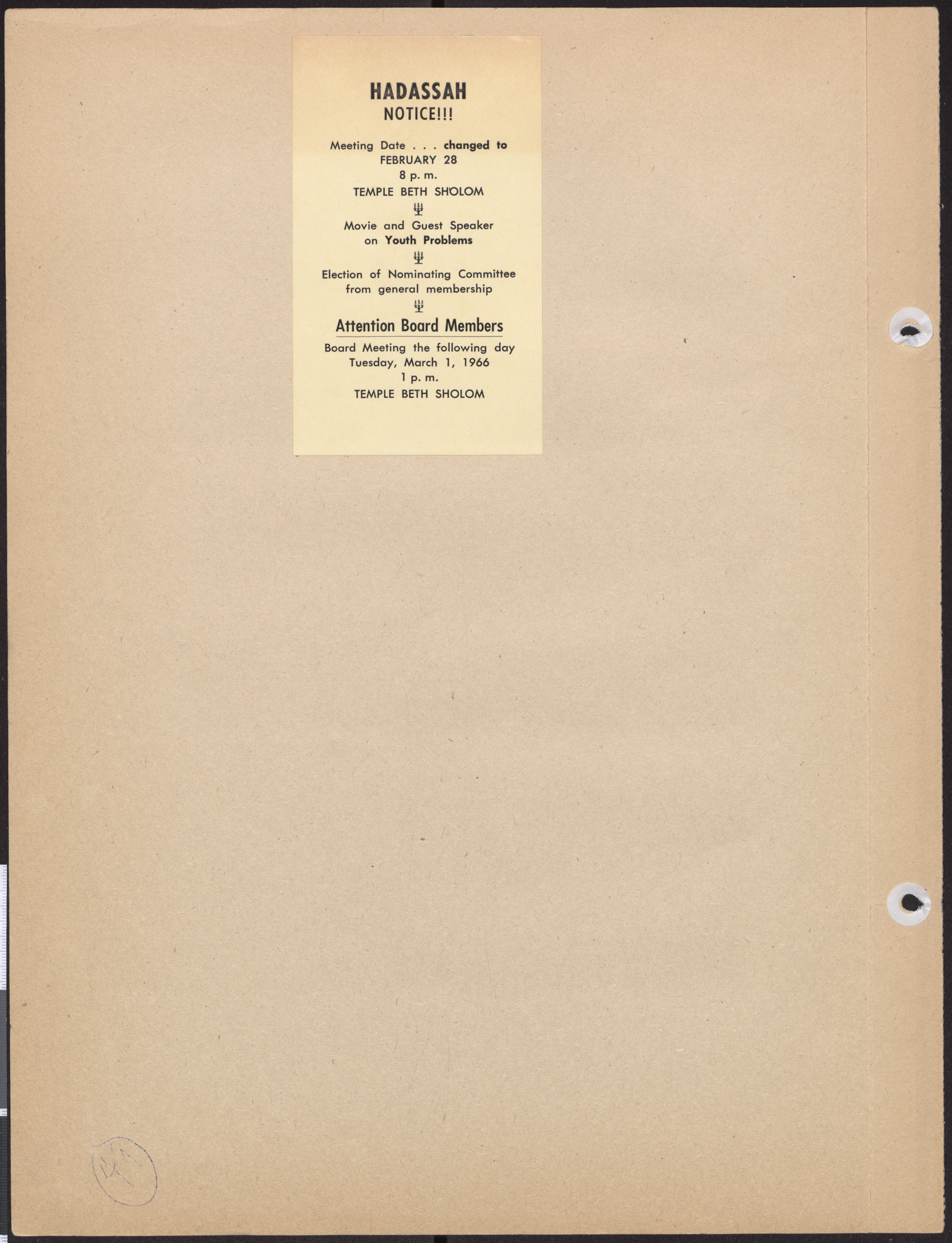 Hadassah meeting notice, February 28, 1966
