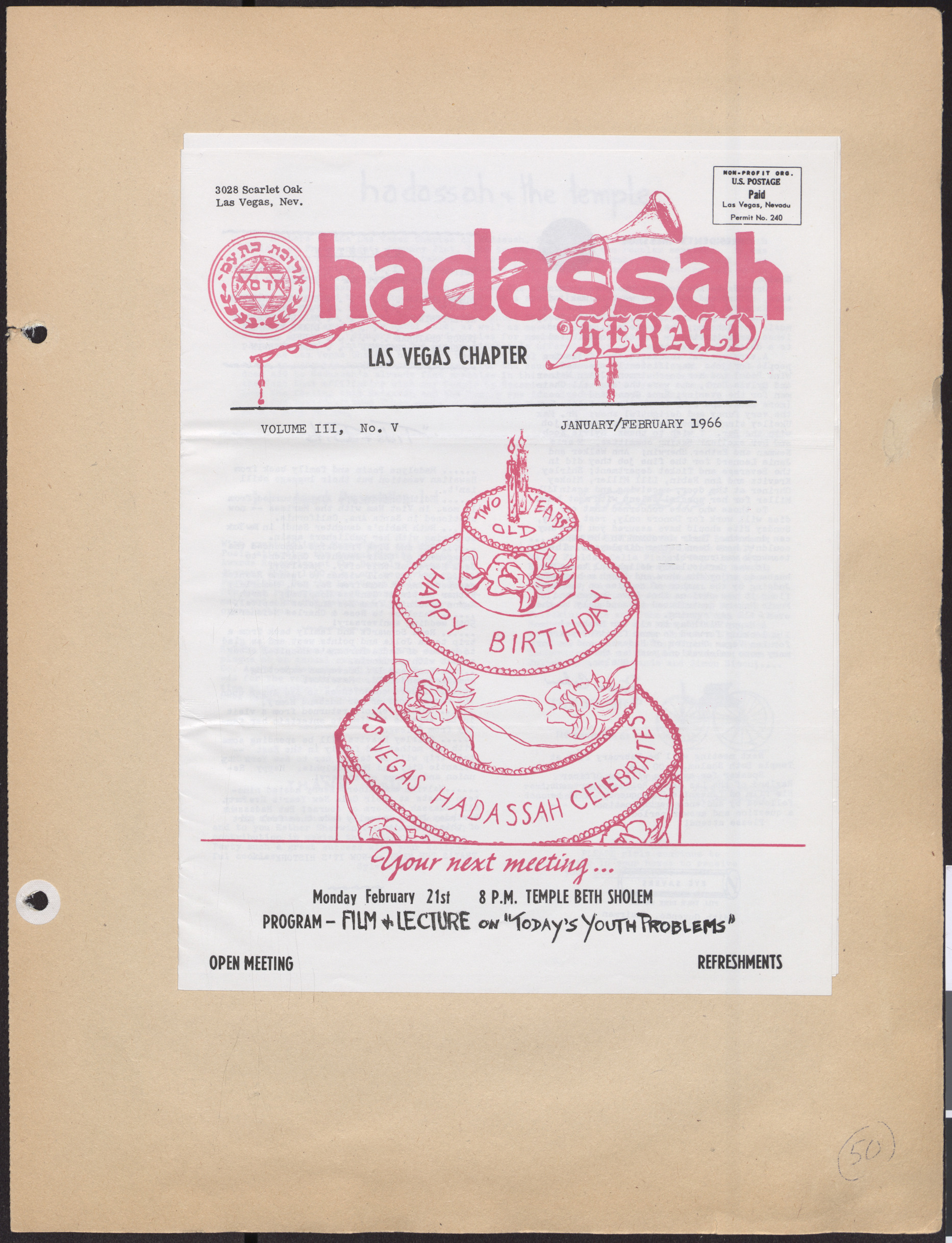 Hadassah Las Vegas Chapter newsletter, January/February 1966, cover