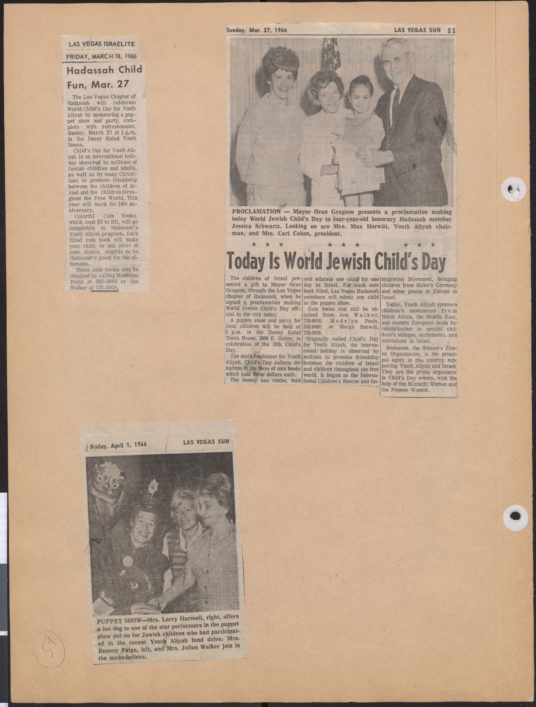 Newspaper clippings about World Jewish Child's Day, March-April 1966