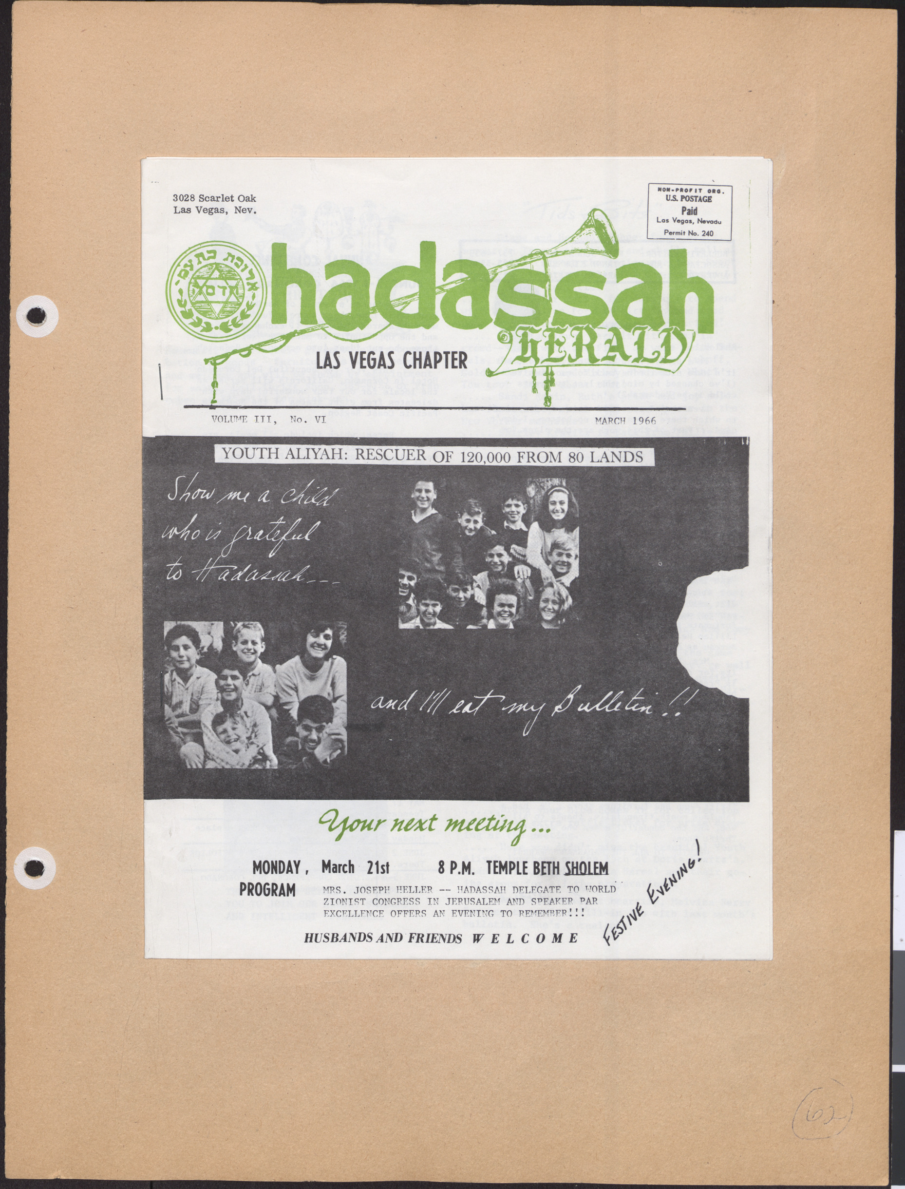 Hadassah Las Vegas Chapter newsletter, March 1966, cover