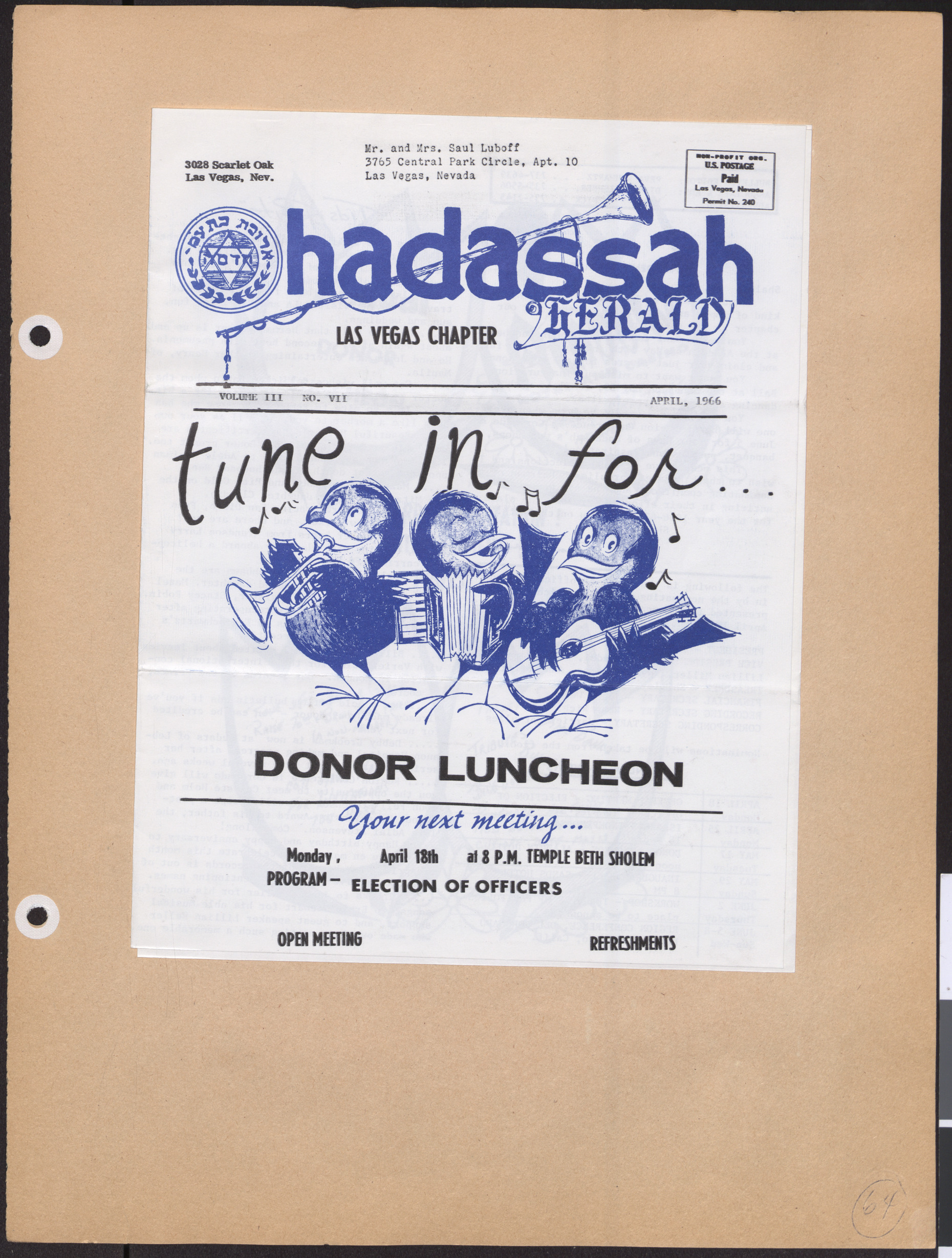 Hadassah Las Vegas Chapter newsletter, April 1966, cover