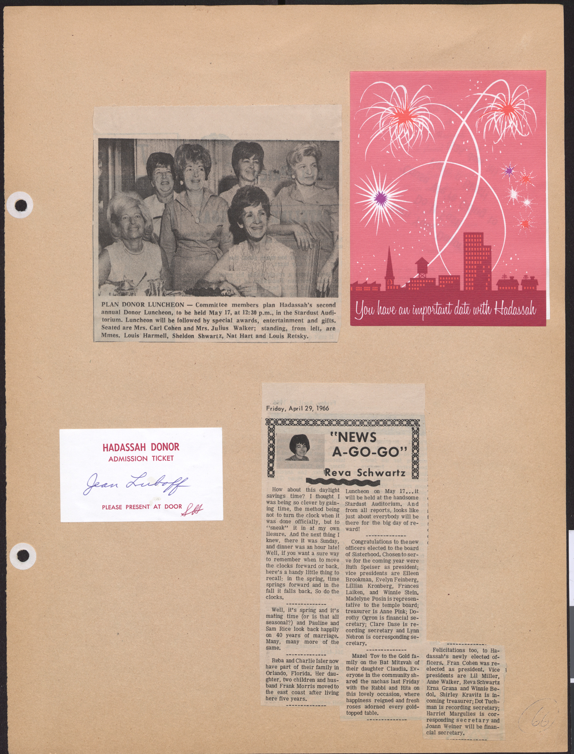 Newspaper clippings about Hadassah events and invitation to luncheon, April 1966