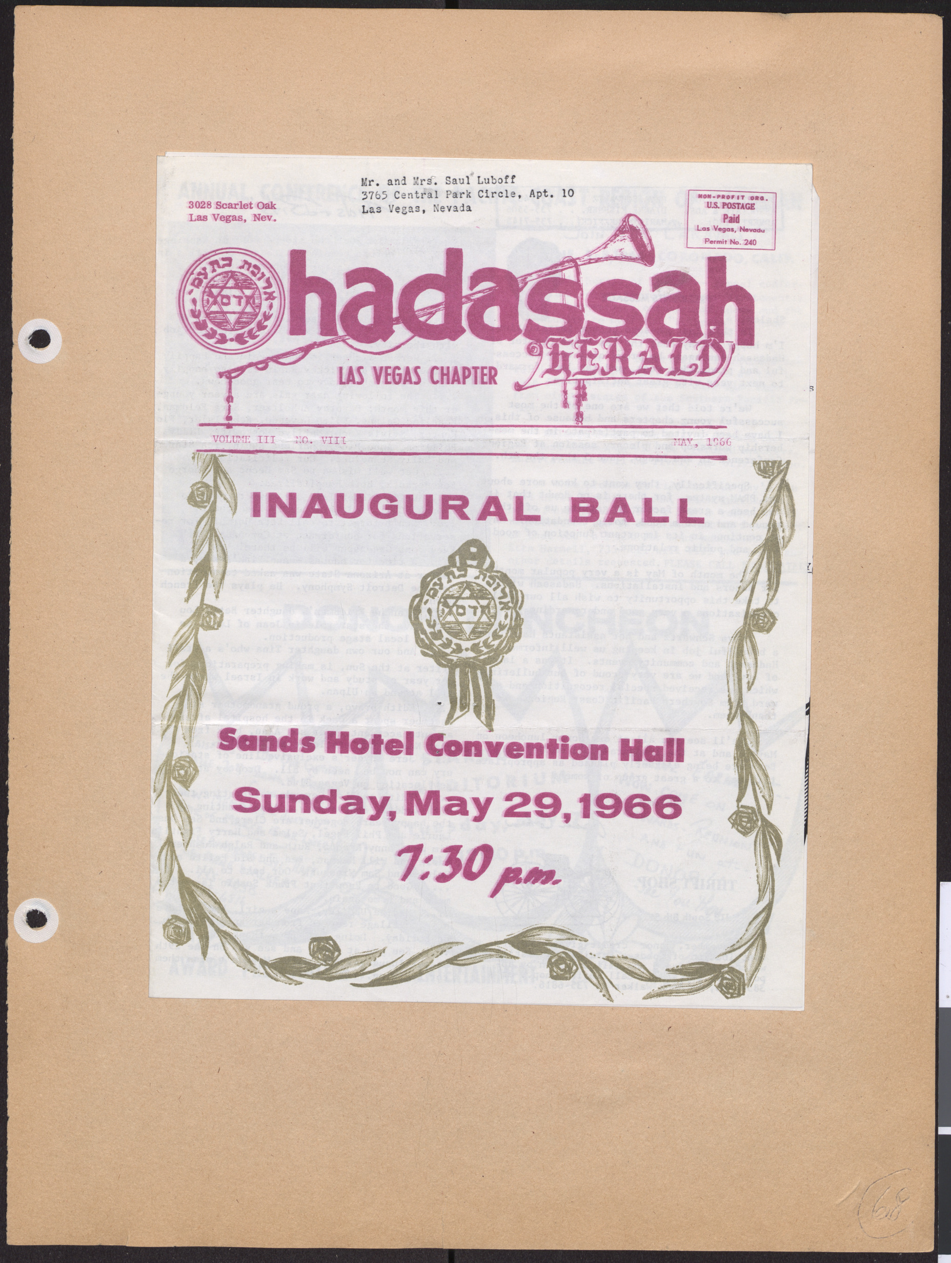 Hadassah Las Vegas Chapter newsletter, May 1966, cover