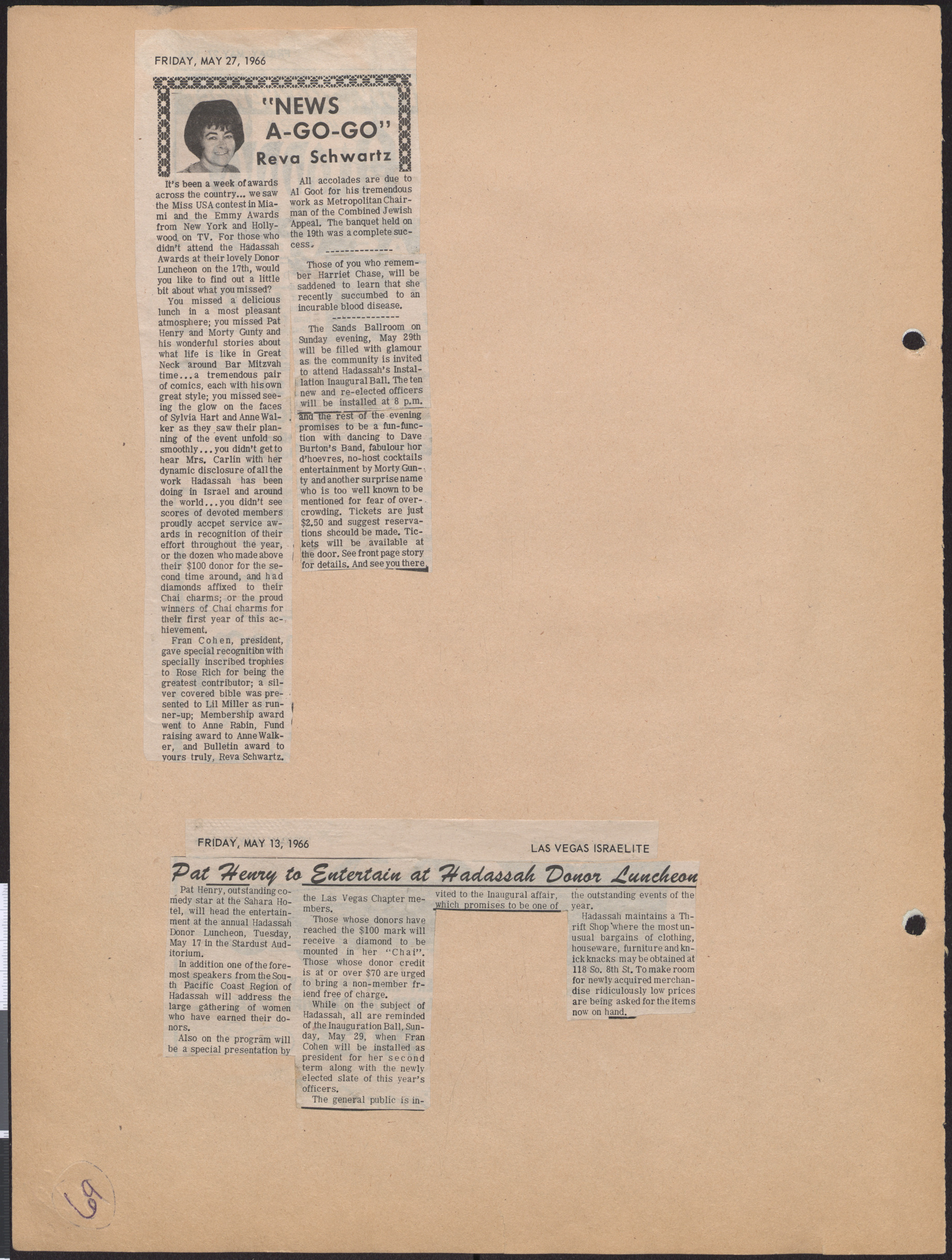 Newspaper clipping, News A-Go-Go, publication unknown, May 27, 1966, and Pat Henry to Entertain at Hadassah Donor Luncheon, Las Vegas Israelite, May 13, 1966