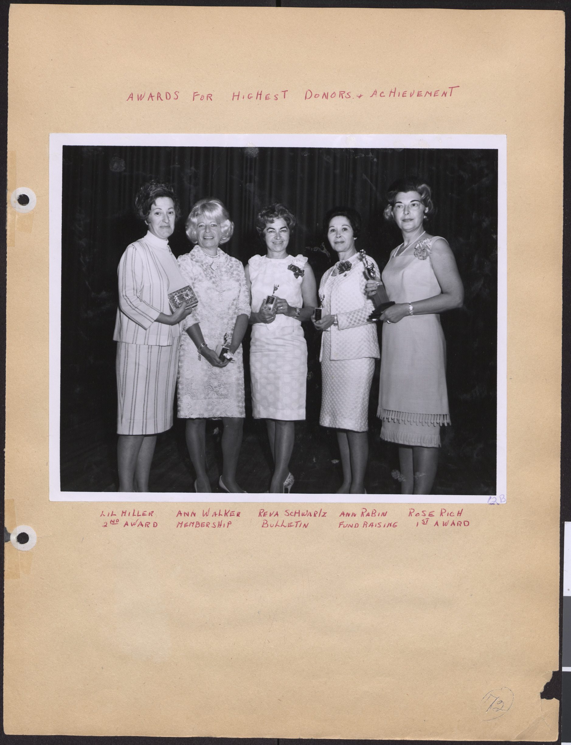 Photograph of Awards for Highest Donors and Achievement: Lillian Miller, Ann Walker, Reva Schwartz, Ann Rabin, and Rose Rich