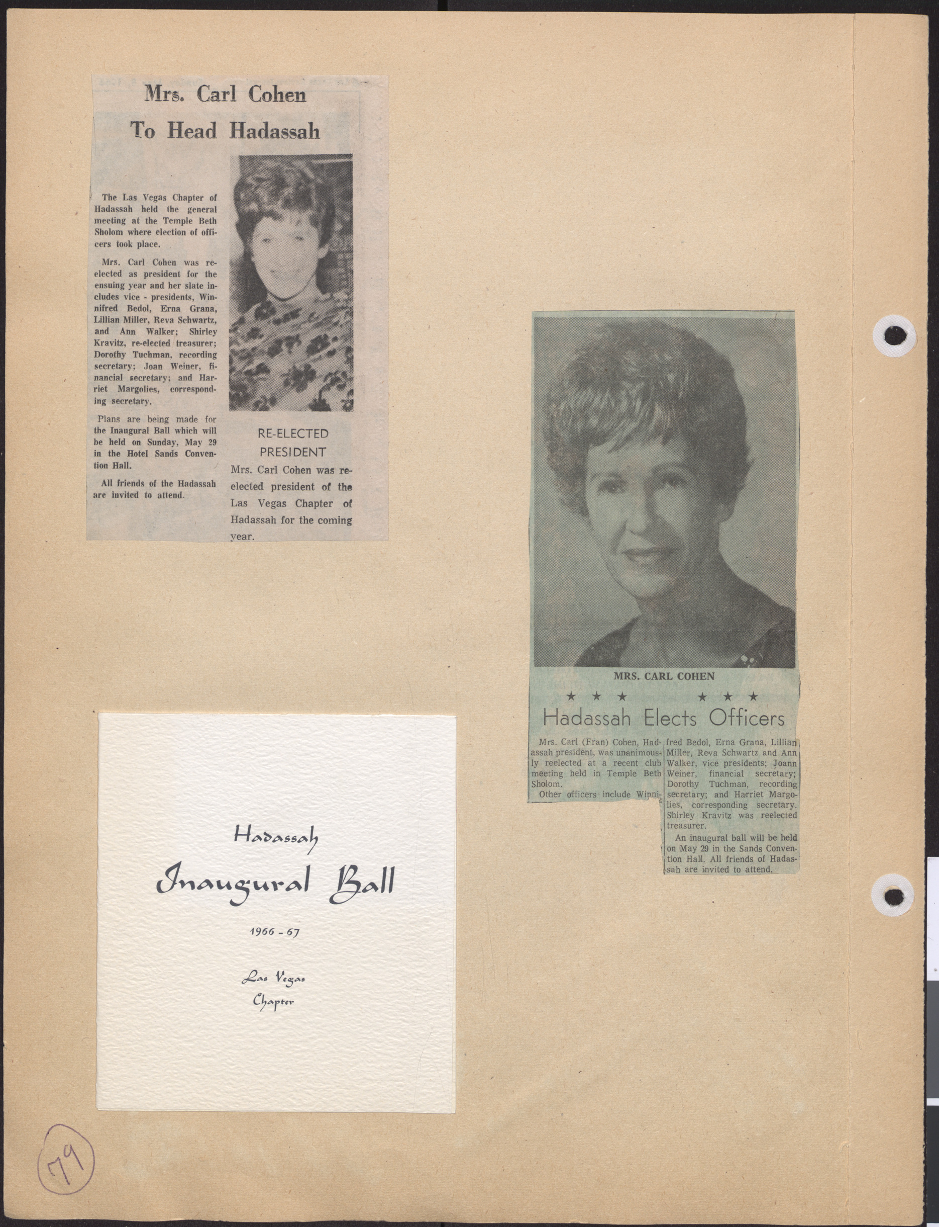 Newspaper clippings about Hadassah officer election and Inaugural Ball invitation, 1966