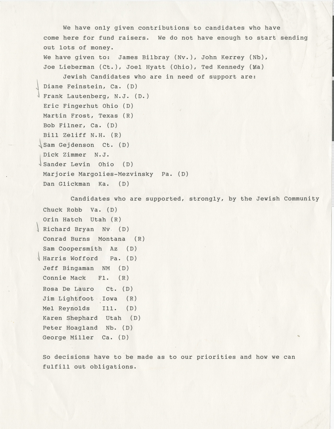 Memorandum with list of Jewish candidates, no date