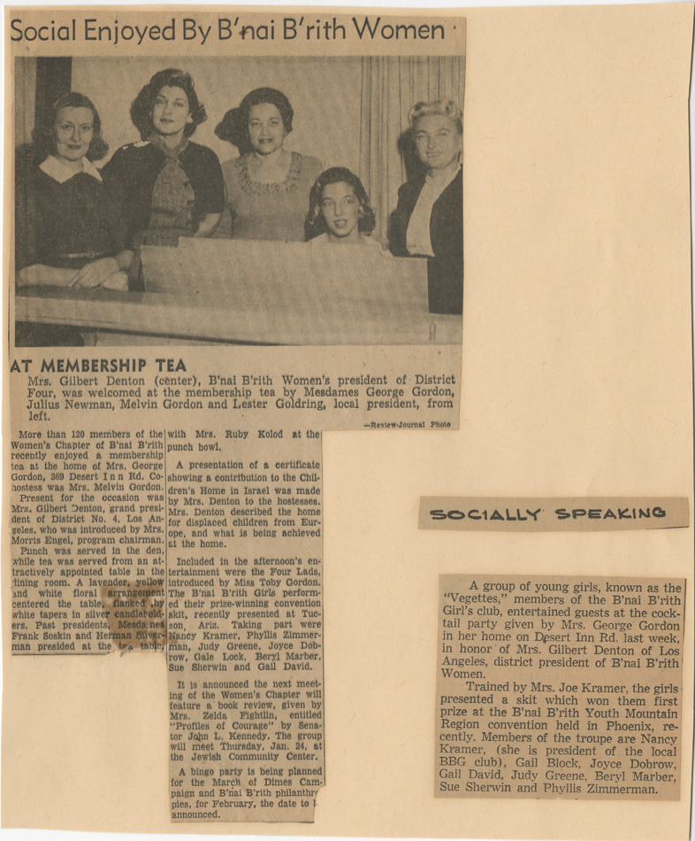 Newspaper clippings include newspaper articles about B'Nai B'rith women enjoying a membership tea at Mrs. George Gordon's home