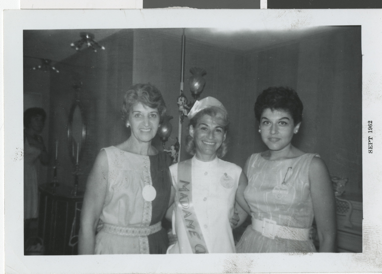 Photograph of Bess Schwartz (Sisterhood president), Eileen Brookman (B'nai B'rith president), and Florence Frost (National Council of Jewish Women president), September 1962