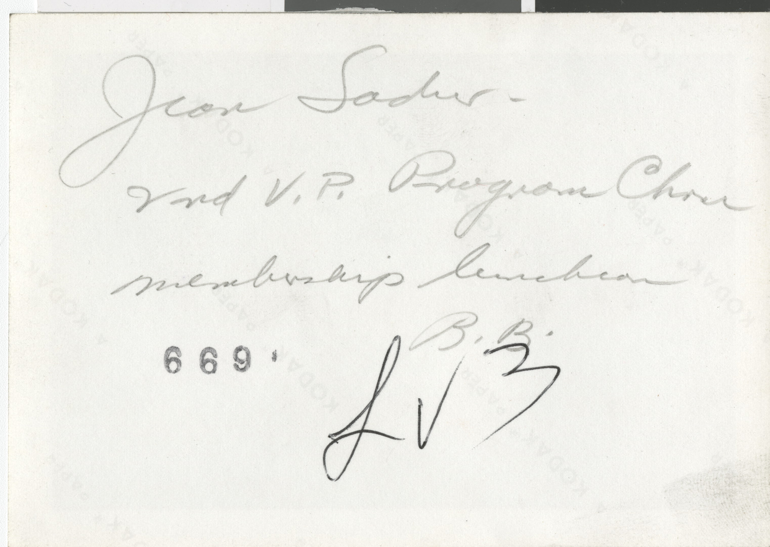 Photograph of Jean Sadur at B'nai B'rith event, September 1962 (back with inscription)