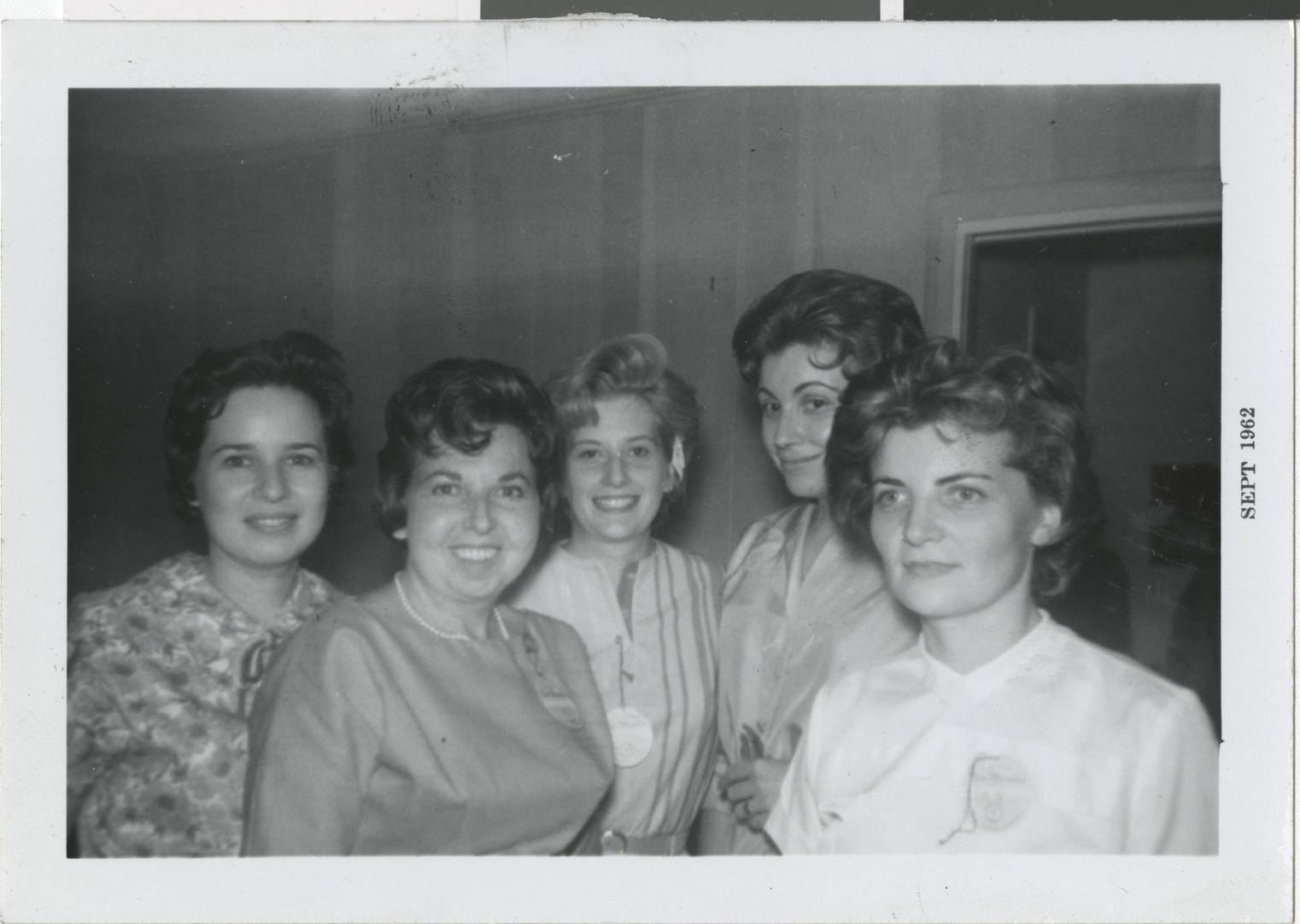 Photograph of new B'nai B'rith members Irma Sheon, Pearl Feigenbaum, Toby Artman, Joyce Odesky, and Ruth Speisen, September 1962