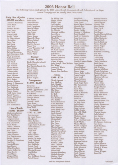 Insert to Style and the City event invitation. Honor Roll card with list of names of donors to the United Jewish Community/Jewish Federation of Las Vegas, for 2006