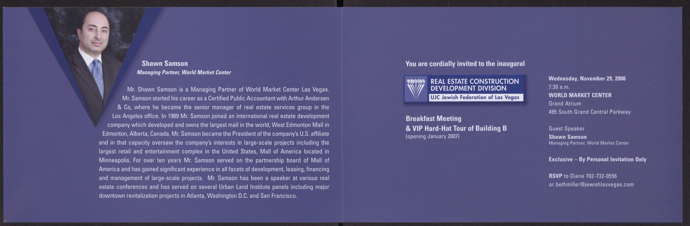 Invitation to Inaugural Breakfast Meeting of the Real Estate Construction Development Division for the United Jewish Community, Jewish Federatin of Las Vegas, November 29, 2006, open