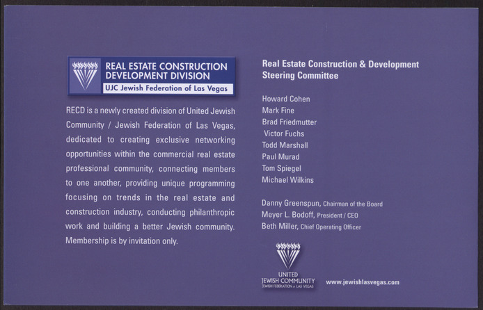 Invitation to Inaugural Breakfast Meeting of the Real Estate Construction Development Division for the United Jewish Community, Jewish Federatin of Las Vegas, November 29, 2006, back