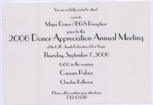 Invitation to From Terrorist to Zionist event, United Jewish Community, Jewish Federation of Las Vegas, September 7, 2006