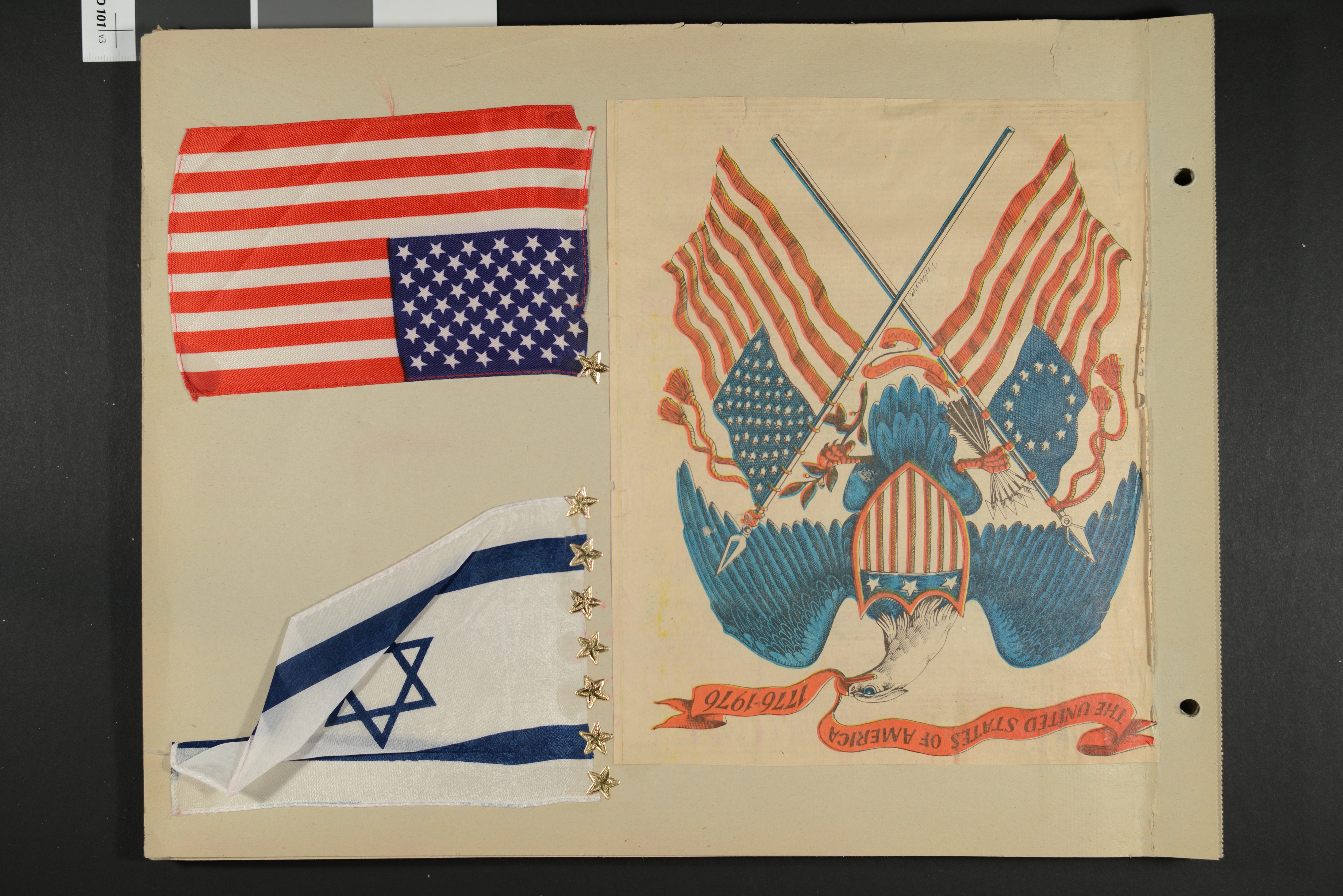 Clipping of bald eagle, Israeli flag and American flag