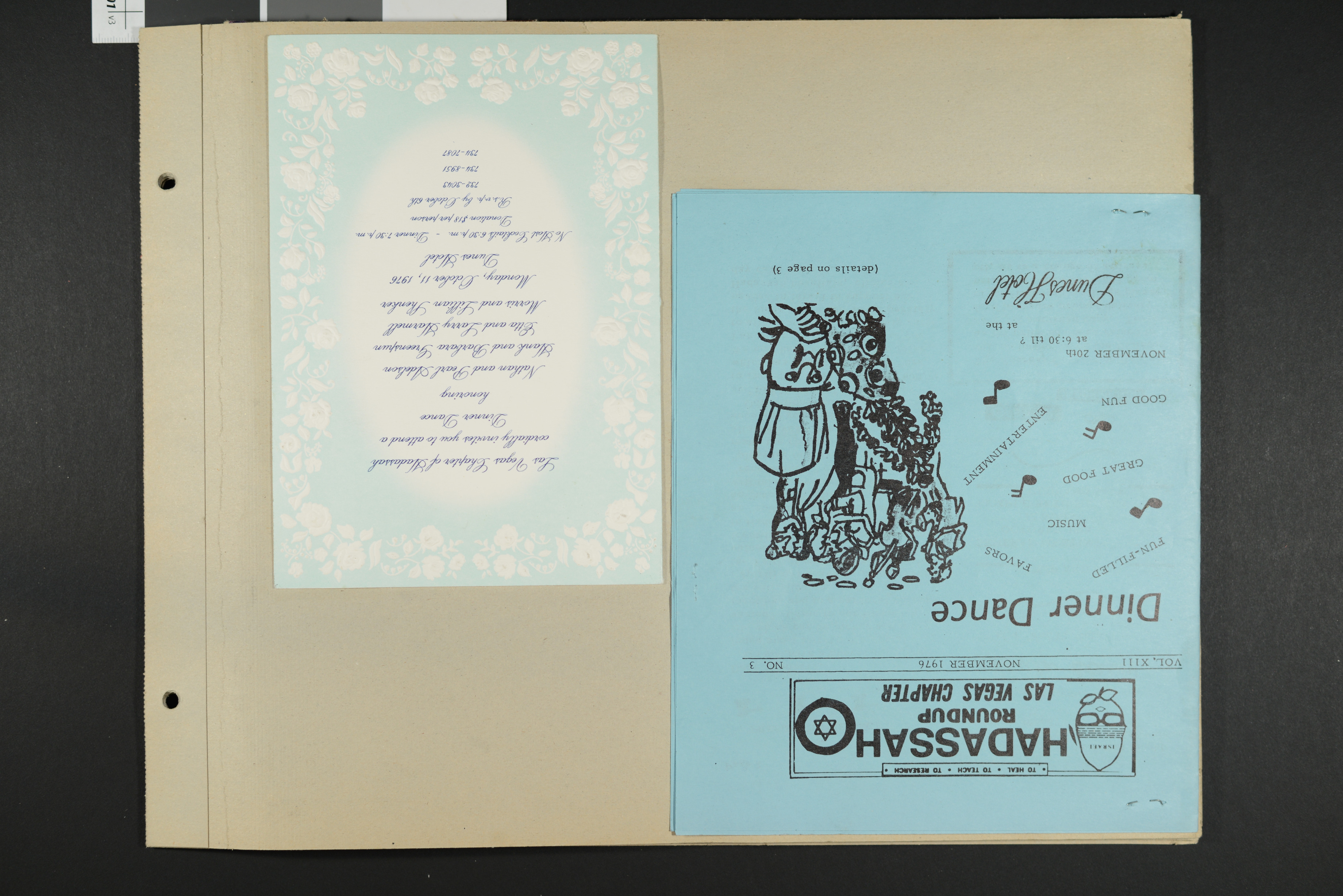 Hadassah newsletter from November 1976, and invitation for the Hadassah Dinner Dance honoring Nathan and Pearl Adelson, Hank and Barbara Greenspun, Etta and Larry Harmell, and Morris and Lillian Shenker, October 11, 1976