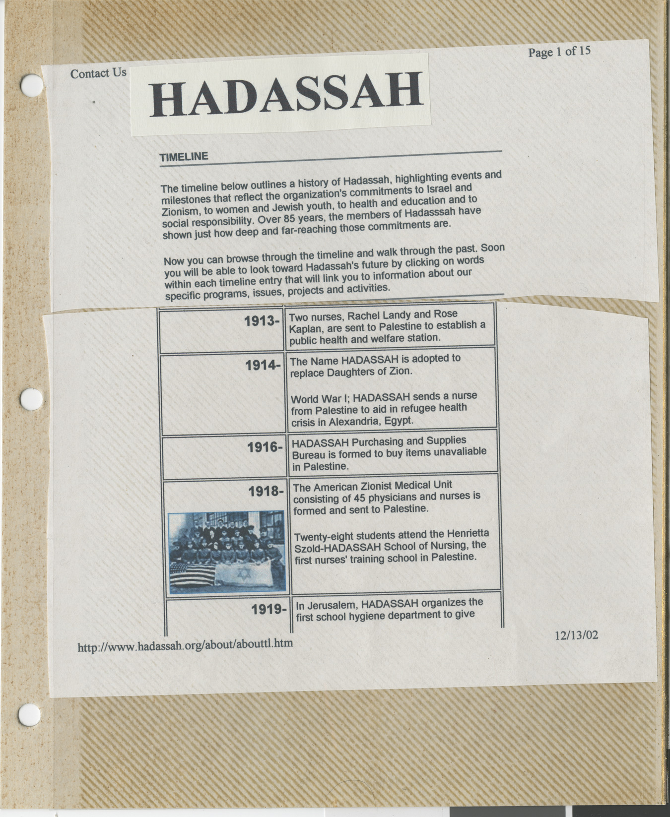 Clipping, Hadassah timeline 1913-1919