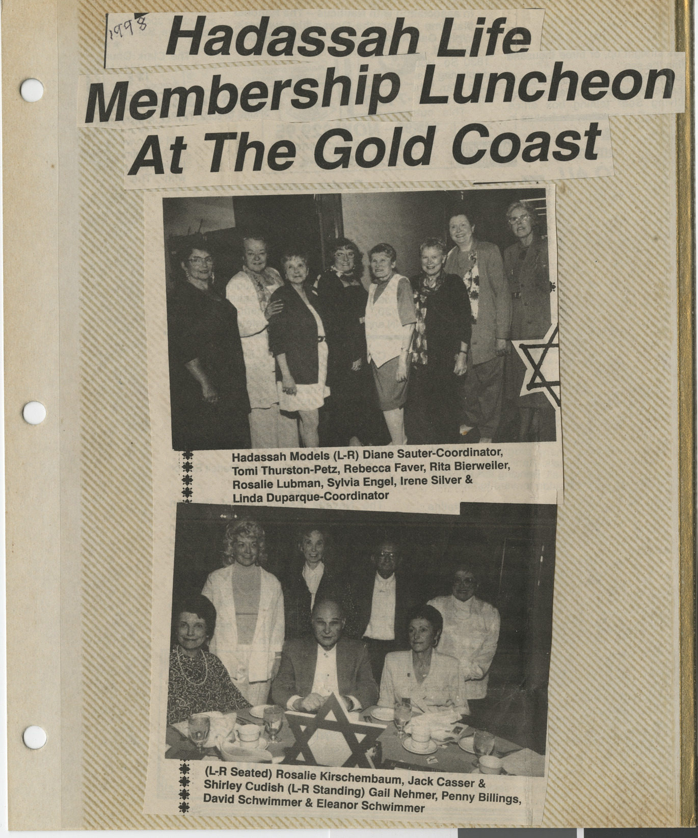 Newspaper clipping, Hadassah life membership luncheon at the Gold Coast, publication unknown, 1998