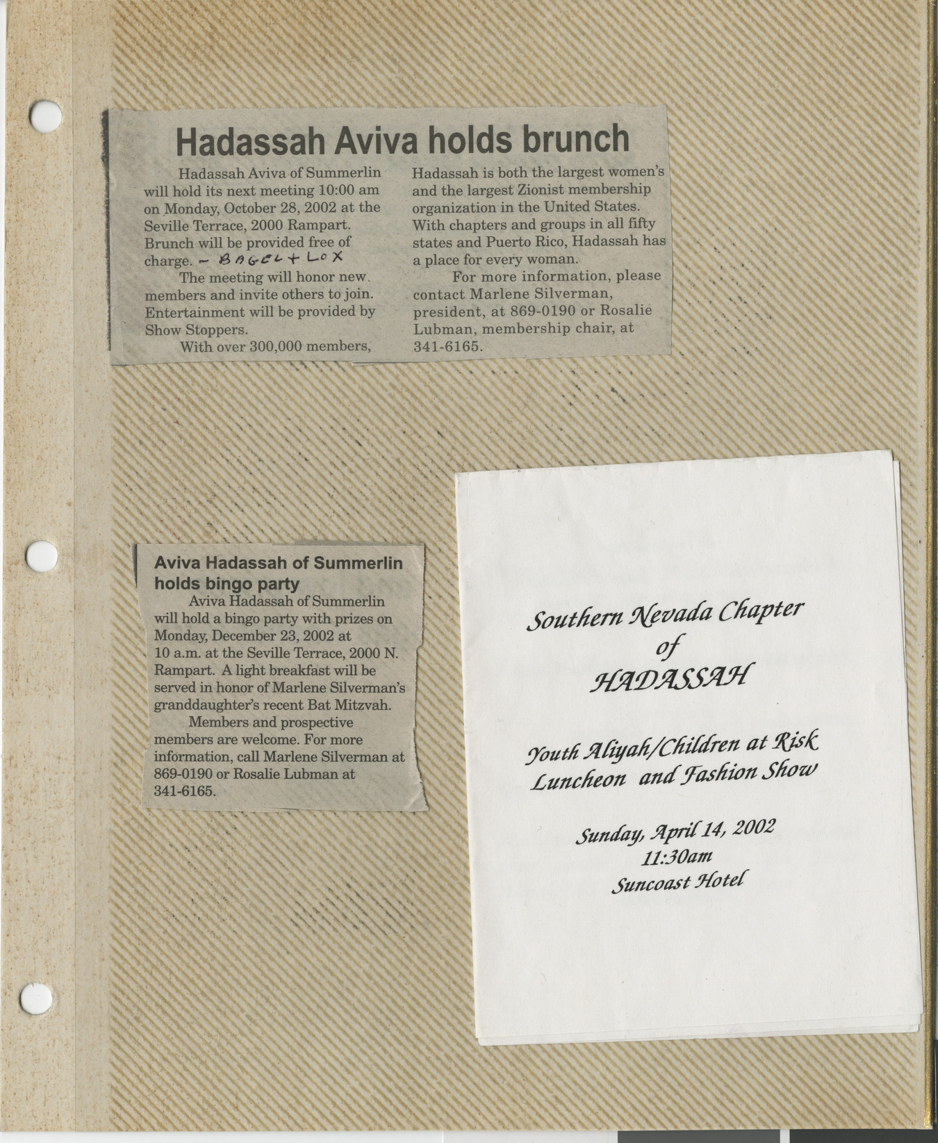 Newspaper clippings for Hadassah events, and invitation to Youth Aliyah luncheon, April 14, 2002